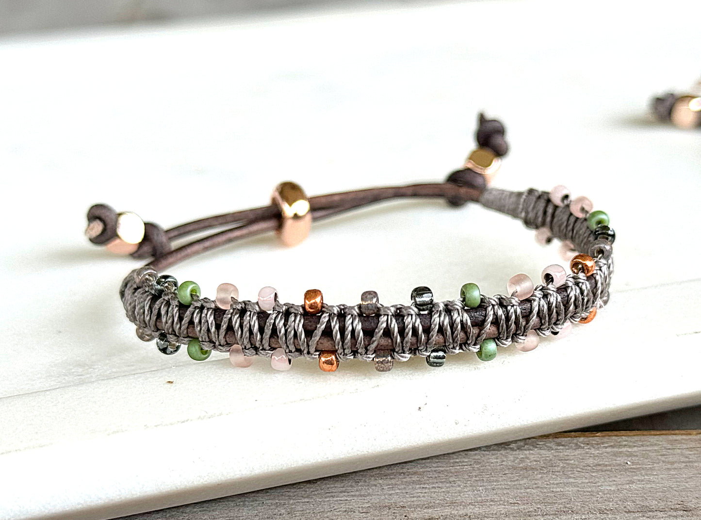 Blush, Jade, Rose Gold, and Gray Adjustable Beaded Macrame Bracelet Set