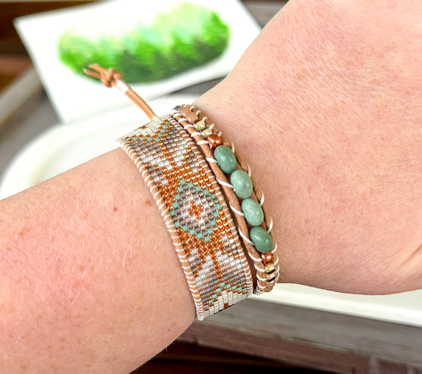 Sage, Neutral, and Copper Small Starburst Bead Loom Woven Bracelet
