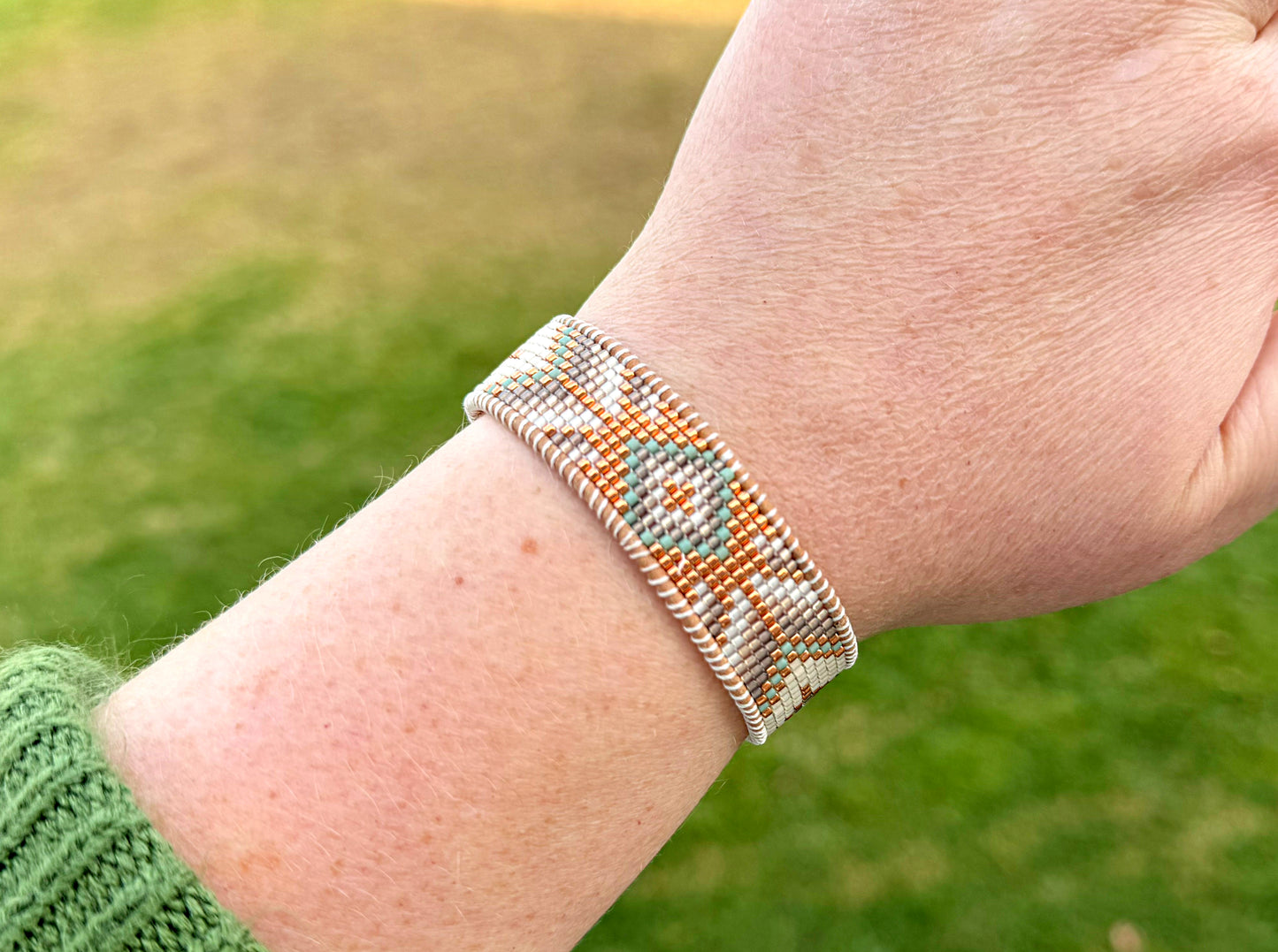 Sage, Neutral, and Copper Small Starburst Bead Loom Woven Bracelet
