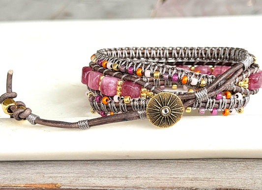 PInk Jade, purple, and gold macrame 3 wrap bracelet