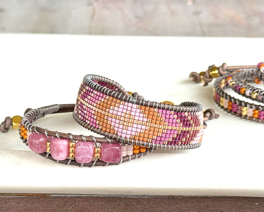 Purple and Peony Geometric Diamond Arrow Loom Beaded Leather friendship bracelet