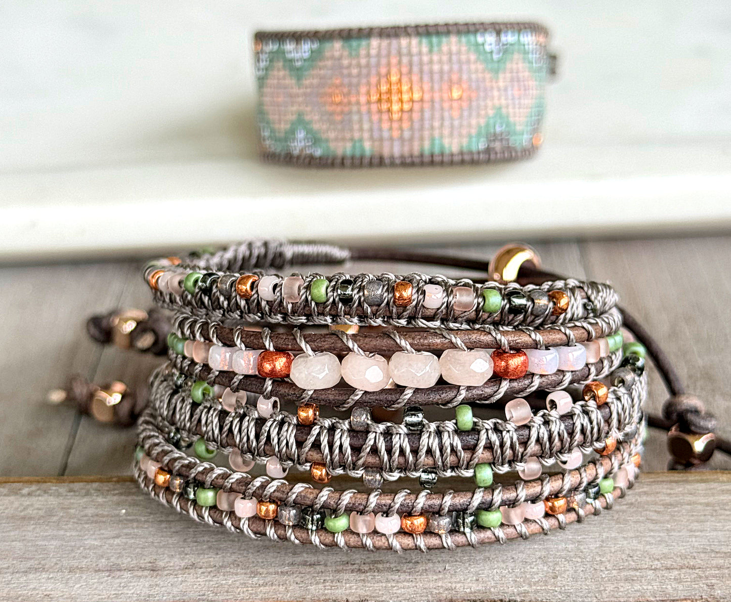Blush, Jade, Rose Gold, and Gray Adjustable Beaded Macrame Bracelet Set