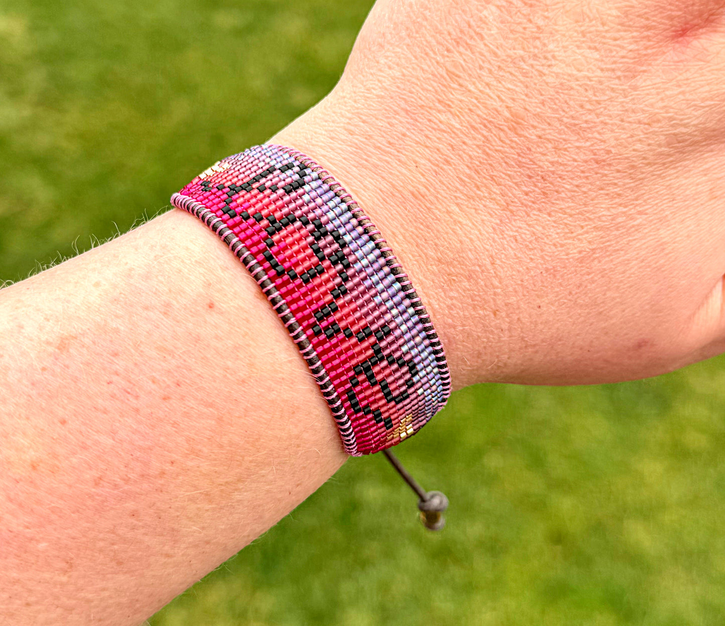 Adjustable Love Script Bead Loom Woven Leather Trimmed Bracelet