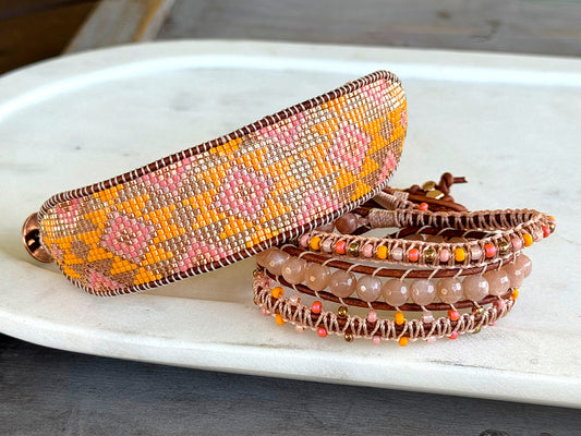Sunshine, Peach, and Coral Sunstone and Beaded Macrame 3x Leather wrap bracelet