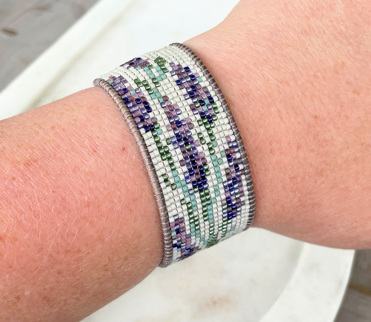 Lavender Floral Bead Loom Woven Bracelet with Leather Trim