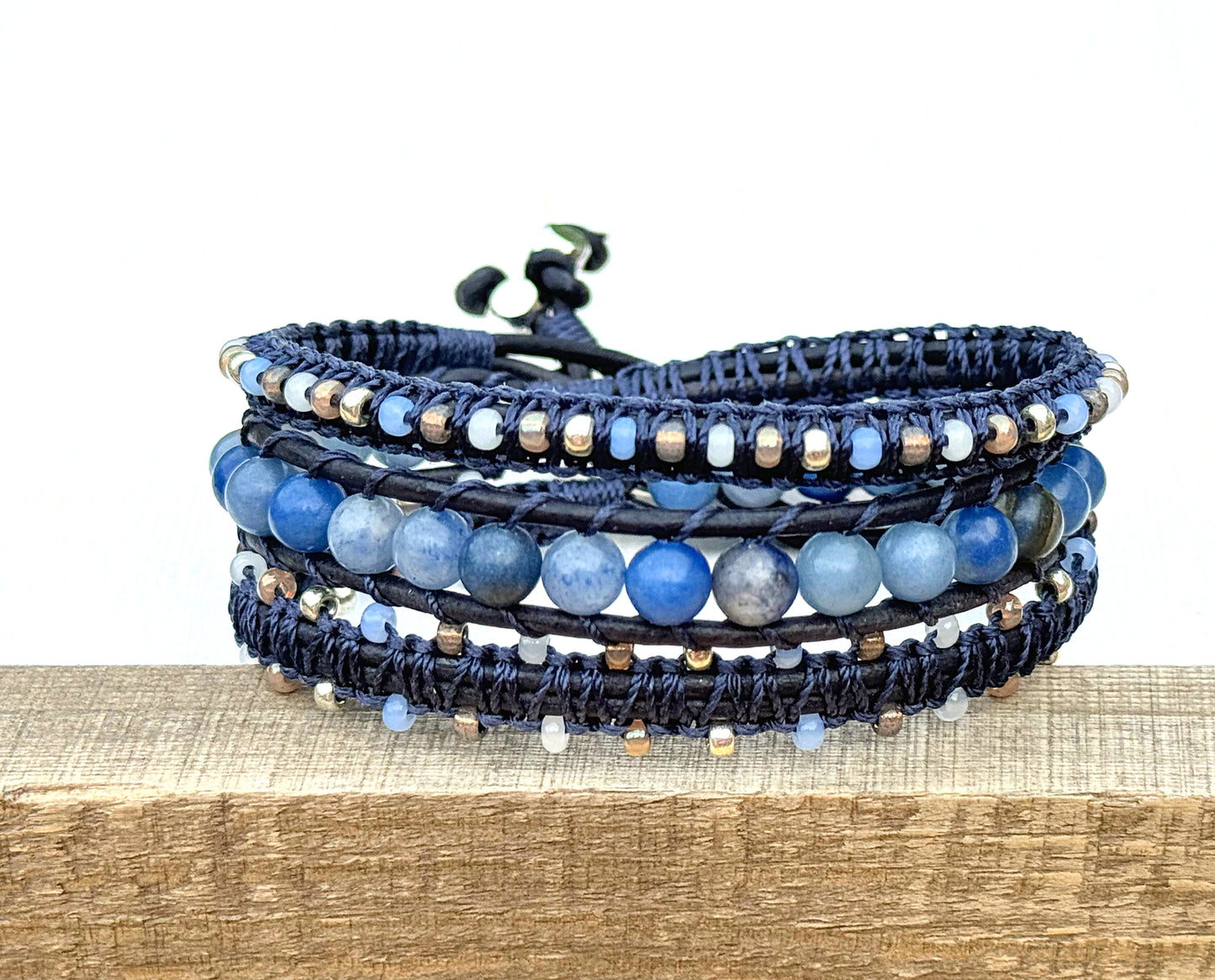 Blue Adventurine, White, Tan, Gray, and Silver Beaded Macrame Wrap bracelet