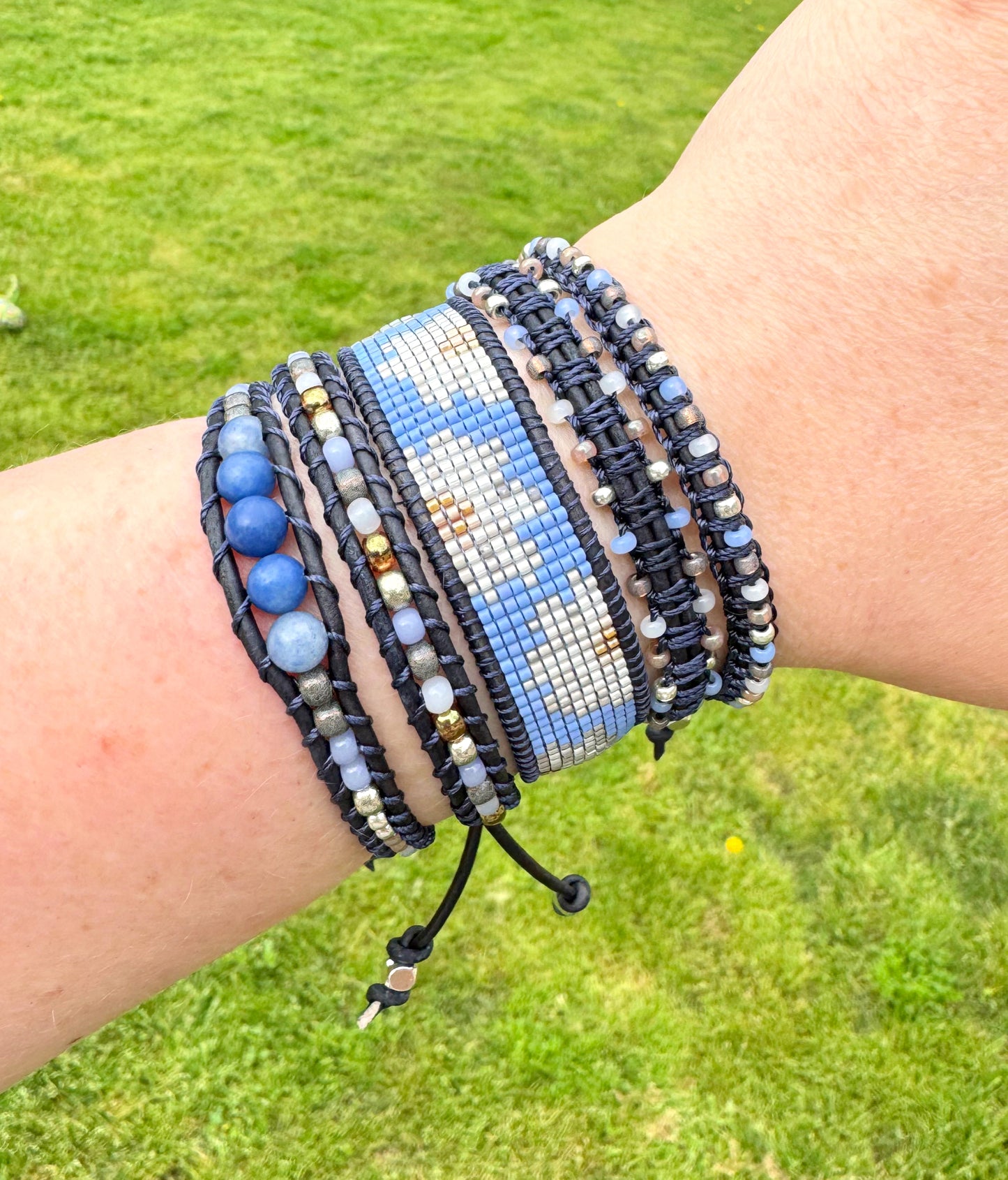 Blue Daisy Bead Loom and Macrame Bracelet stack set