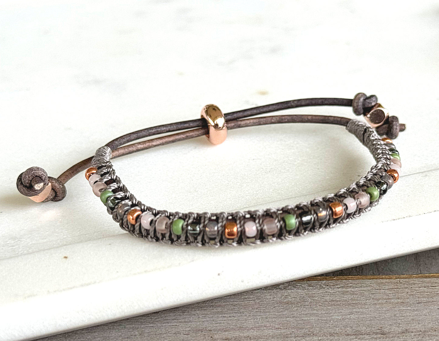 Blush, Jade, Rose Gold, and Gray Adjustable Beaded Macrame Bracelet Set