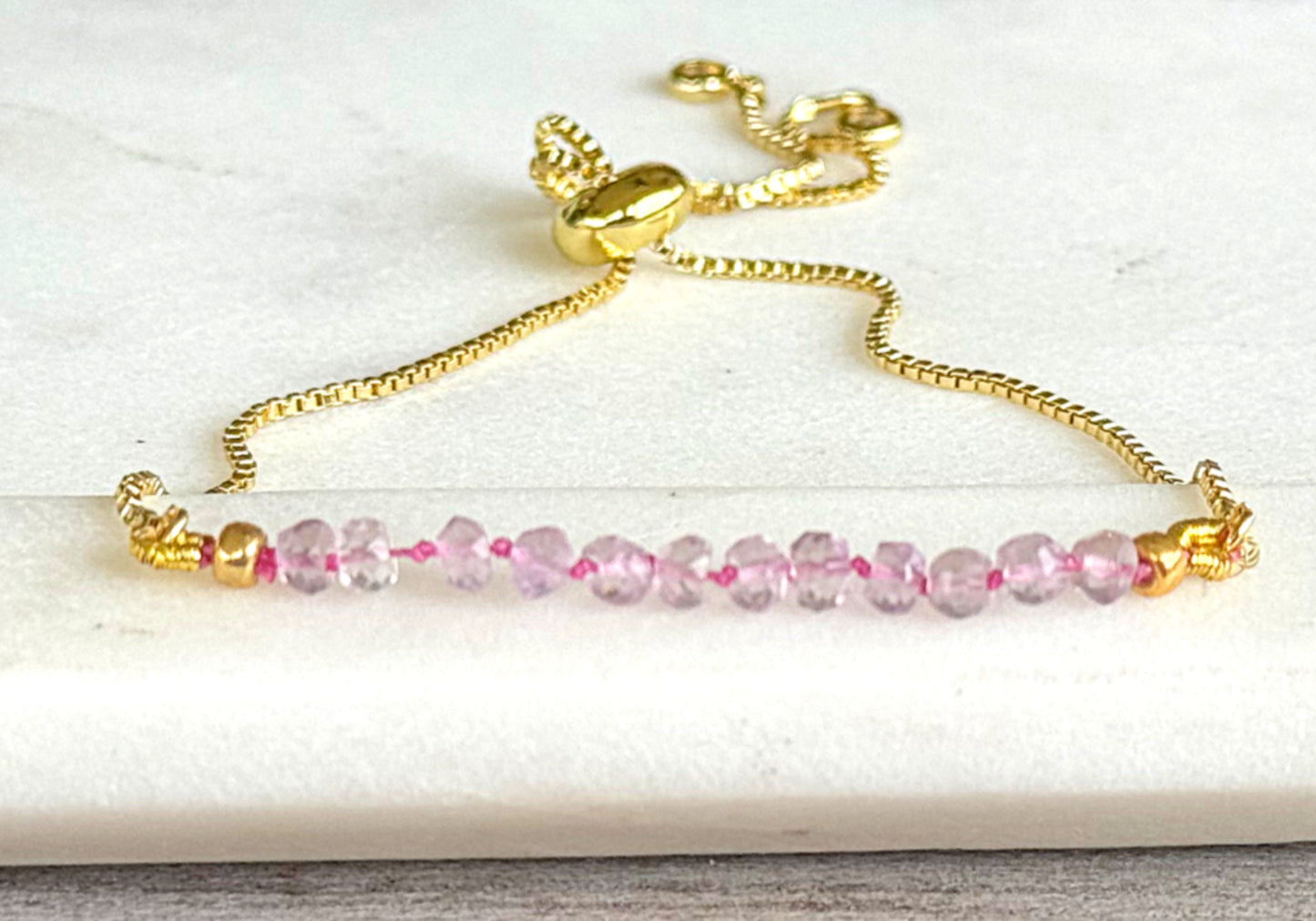 Pink Amethyst and slide adjustable chain or leather stack bracelet