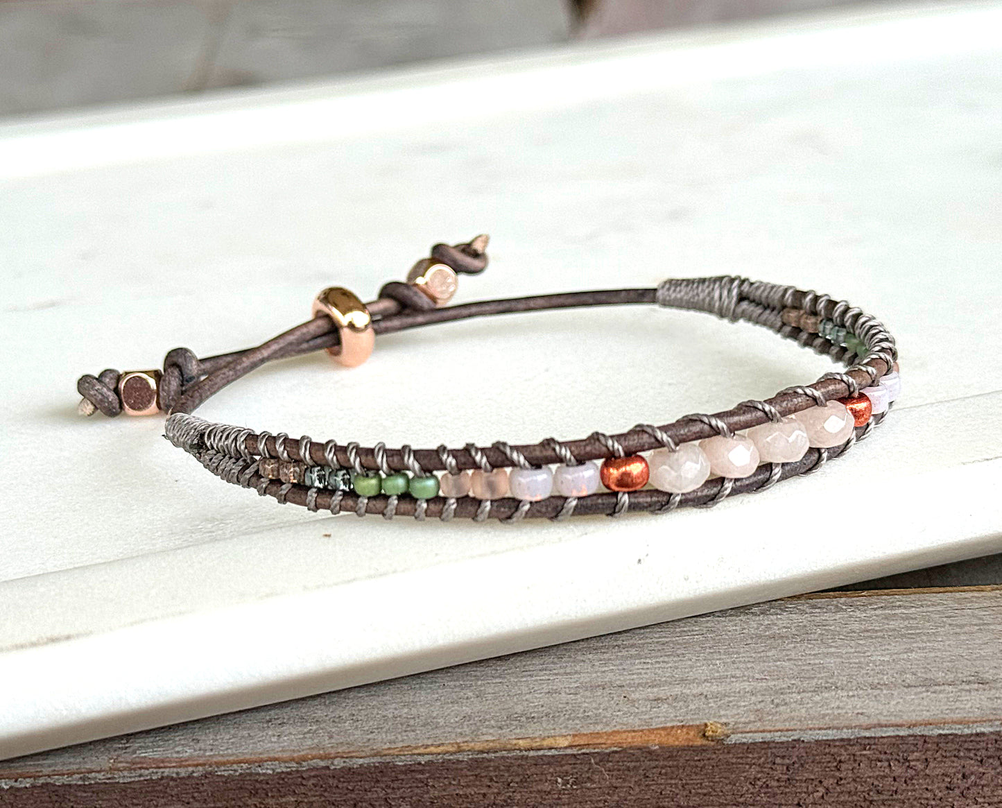 Blush, Jade, Rose Gold, and Gray Adjustable Beaded Macrame Bracelet Set