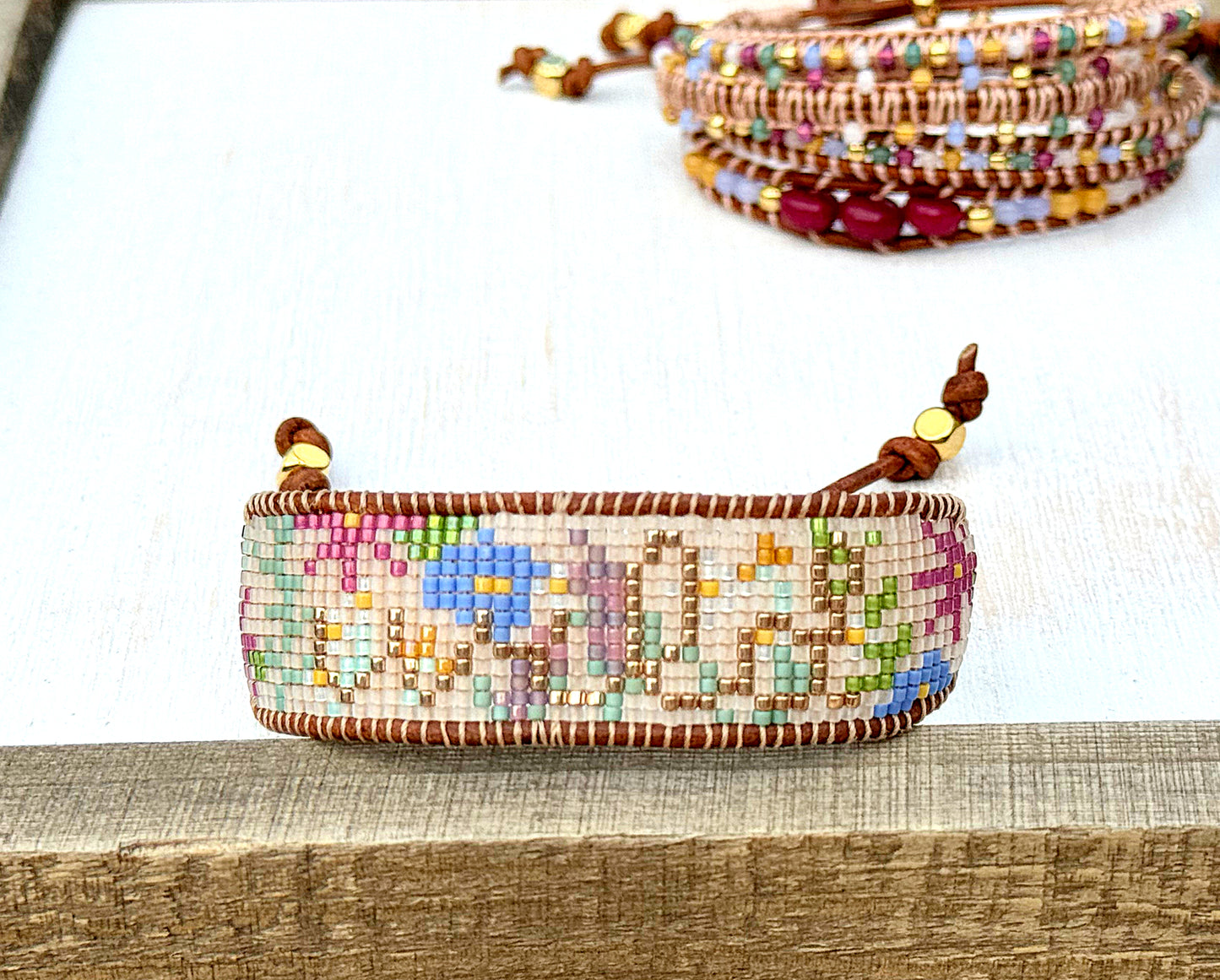 WILD flower bead loom woven bracelet with slide adjustable leather trim