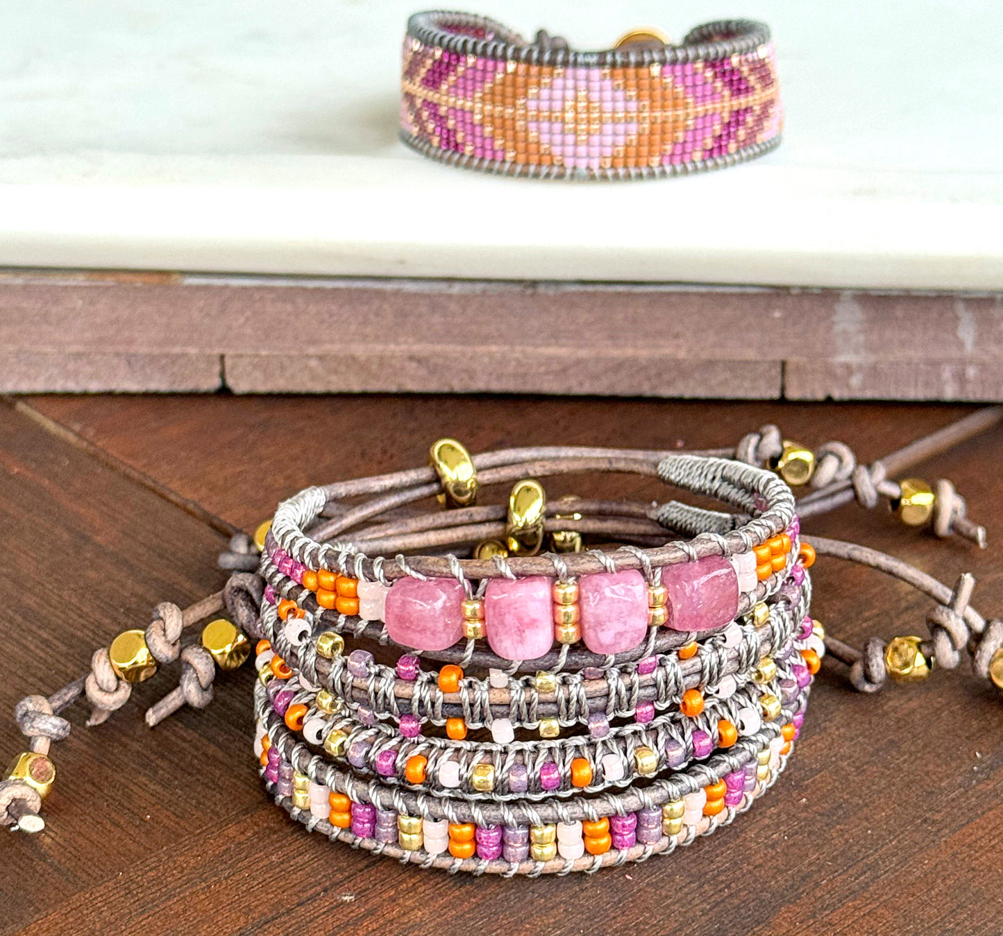 Peony Pink, Purple, and Gold Geometric Arrow Loom and Macrame Bracelet stack set