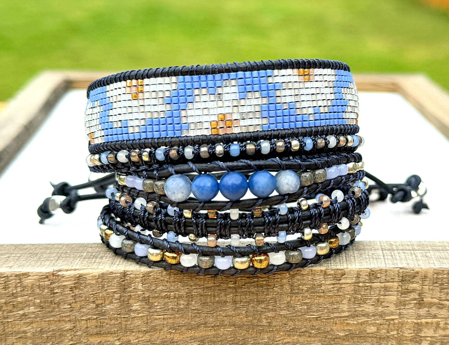 Blue Daisy Bead Loom Woven Bracelet