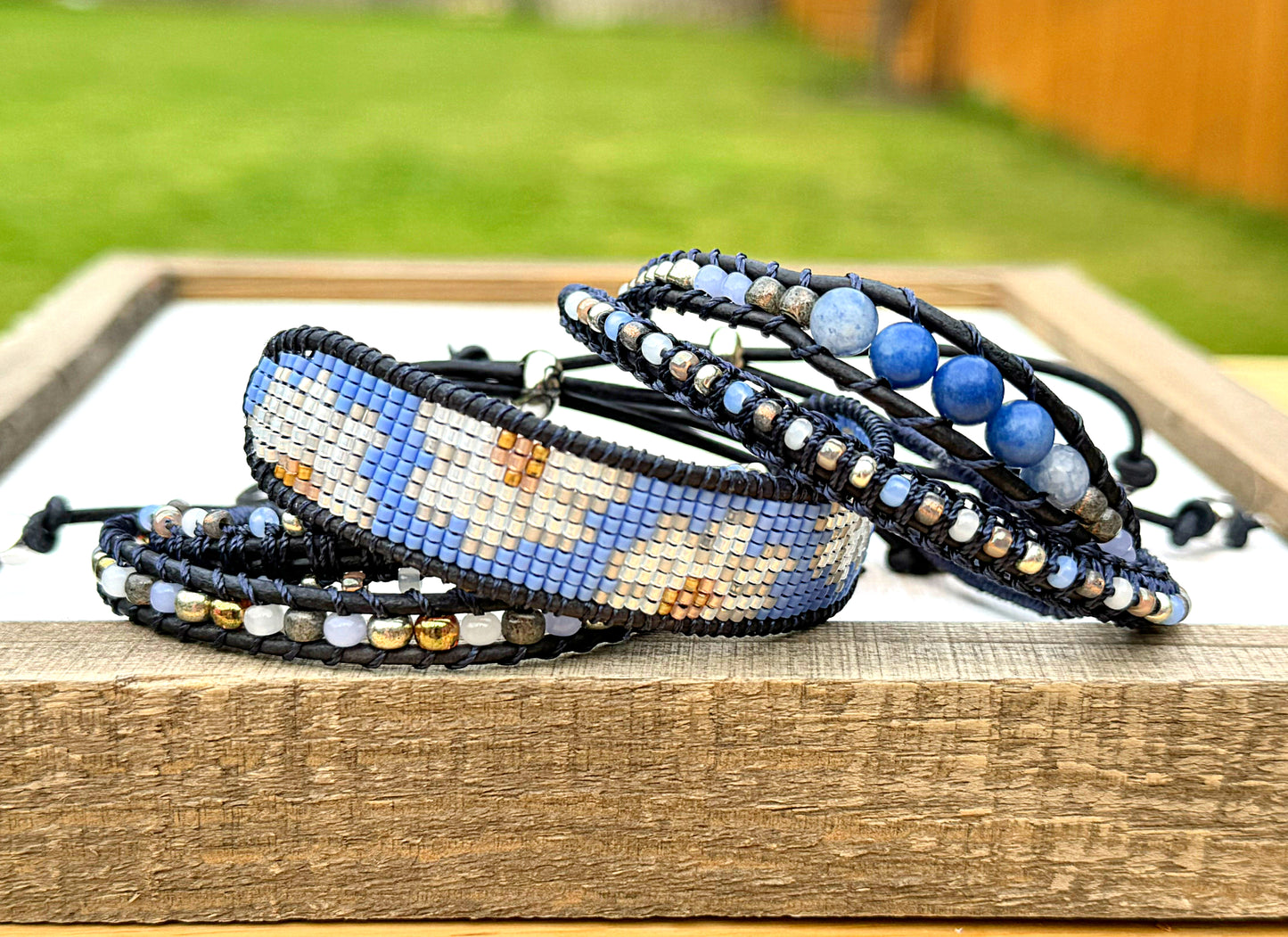 Blue Daisy Bead Loom and Macrame Bracelet stack set