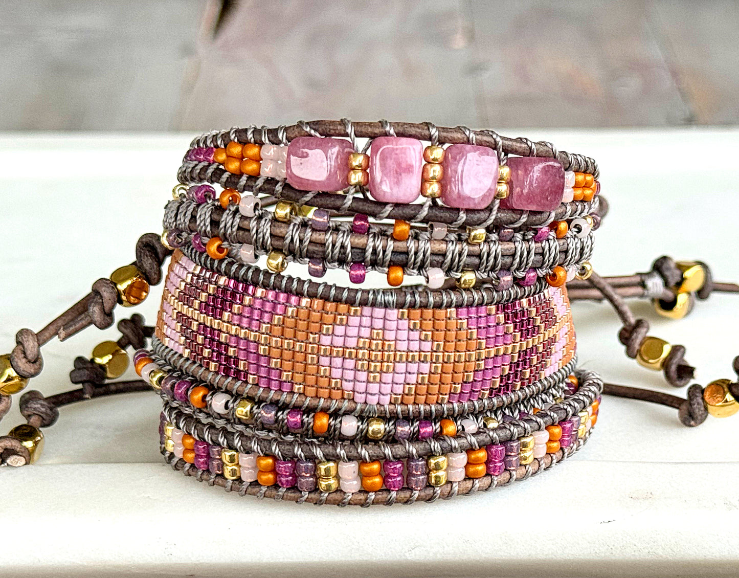 Peony Pink, Purple, and Gold Geometric Arrow Loom and Macrame Bracelet stack set