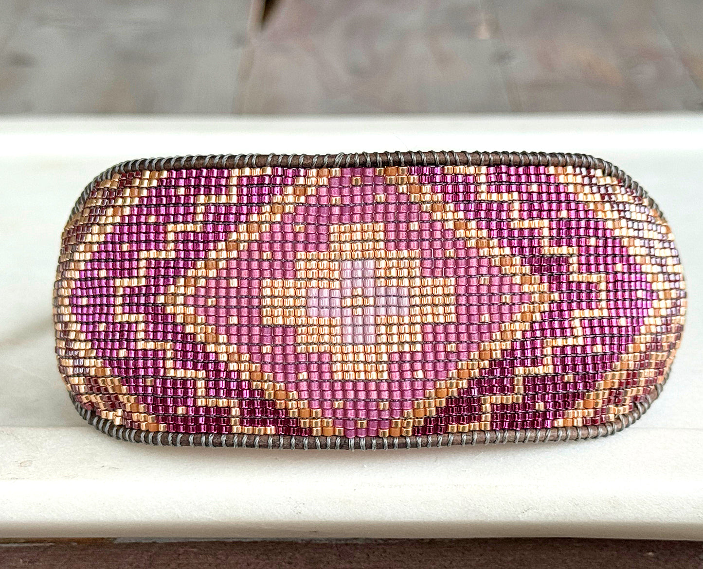 Pink Peony, Plum, and Gold Wide Western Bead Loom Cuff Bracelet