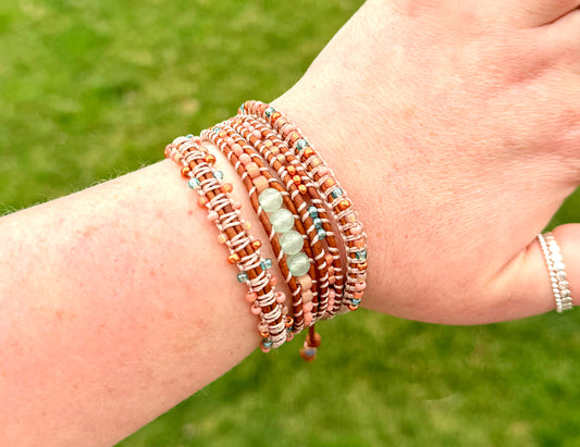 Sea Glass Jade Blush Rose and glass bead Adjustable Leather Bracelet