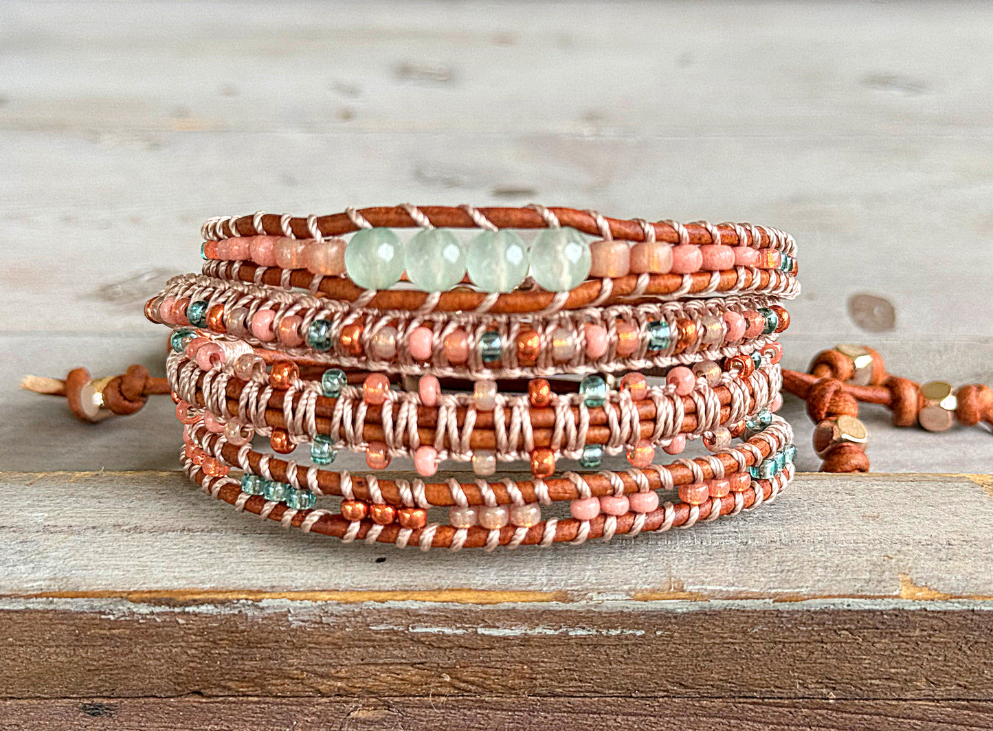 Sea Glass Jade Blush Rose and glass bead Adjustable Leather Bracelet