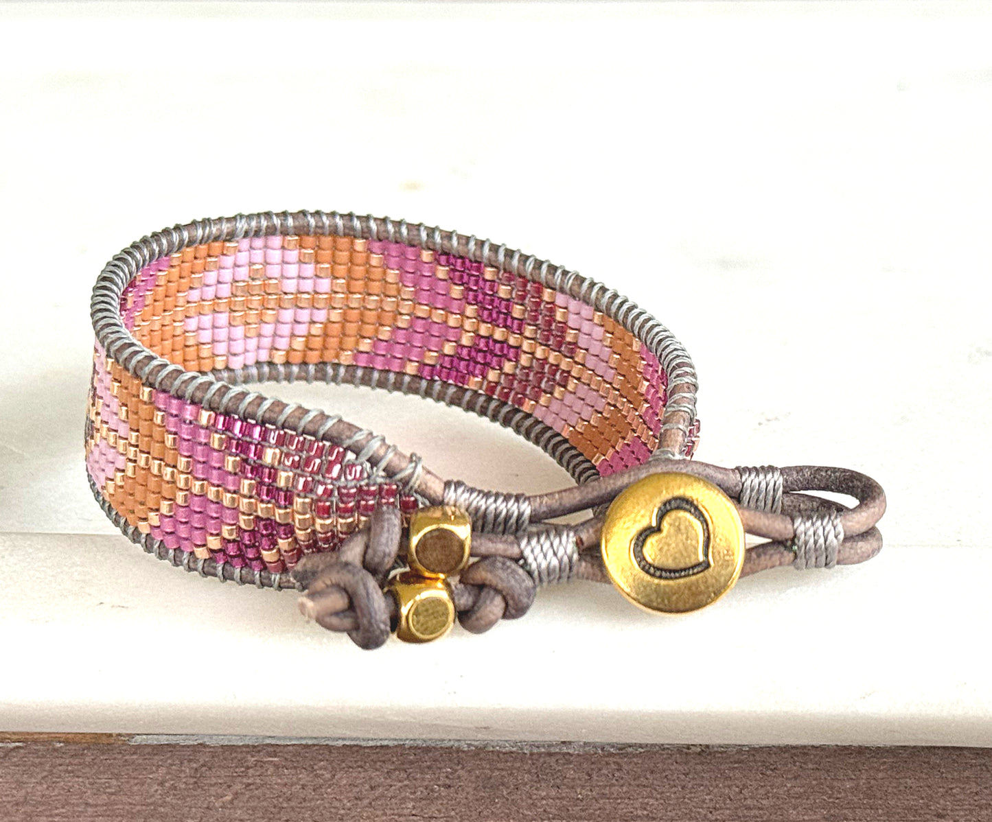Purple and Peony Geometric Diamond Arrow Loom Beaded Leather friendship bracelet