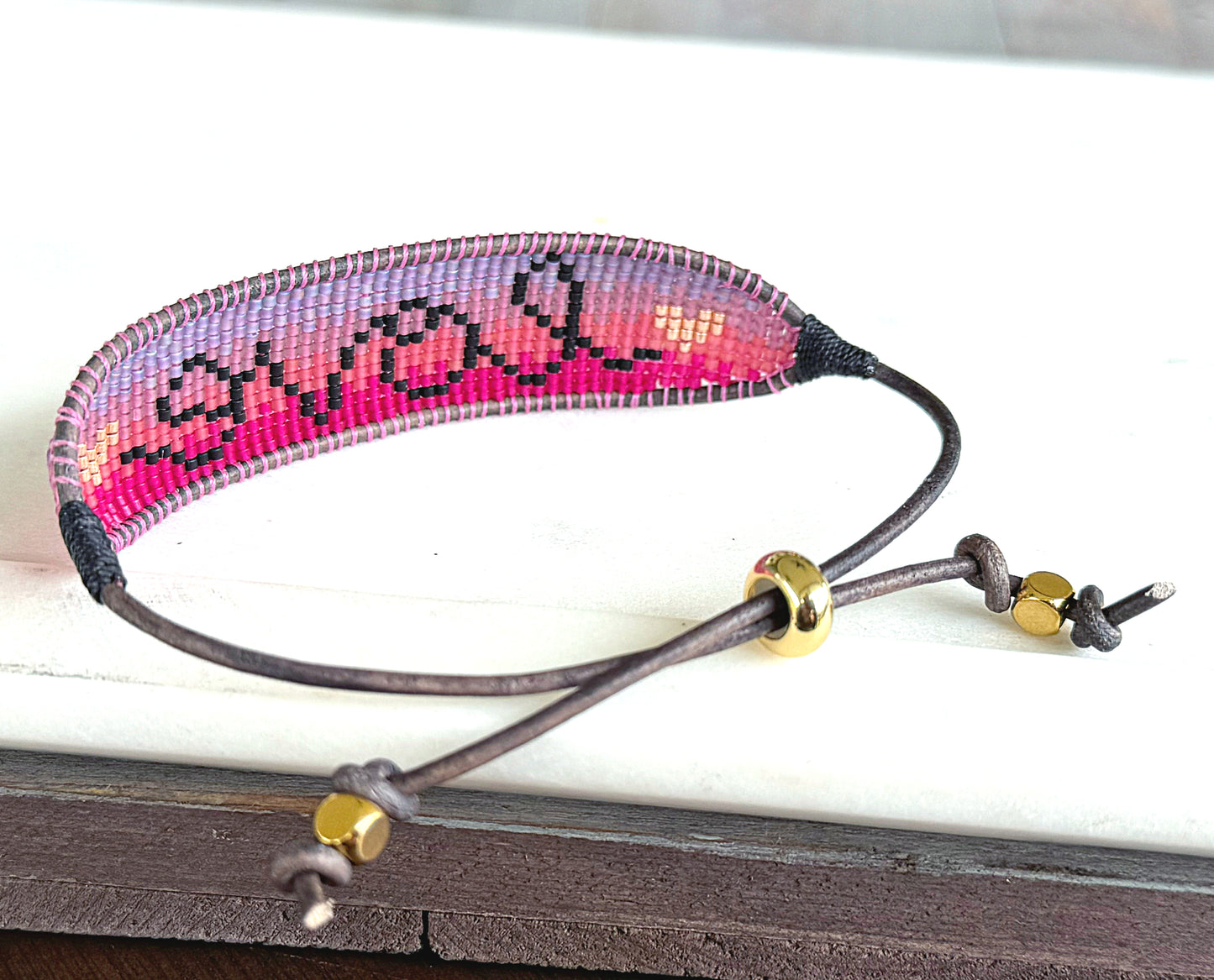 Adjustable Love Script Bead Loom Woven Leather Trimmed Bracelet
