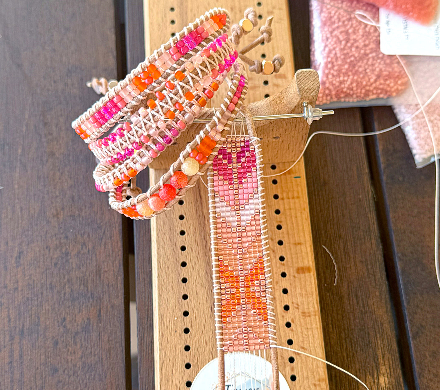 Hot Pink and Orange Loom woven Arrow beaded friendship bracelet