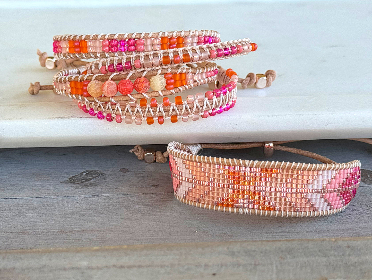 Hot Pink and Orange Geometric Arrow Loom and Macrame Bracelet stack set