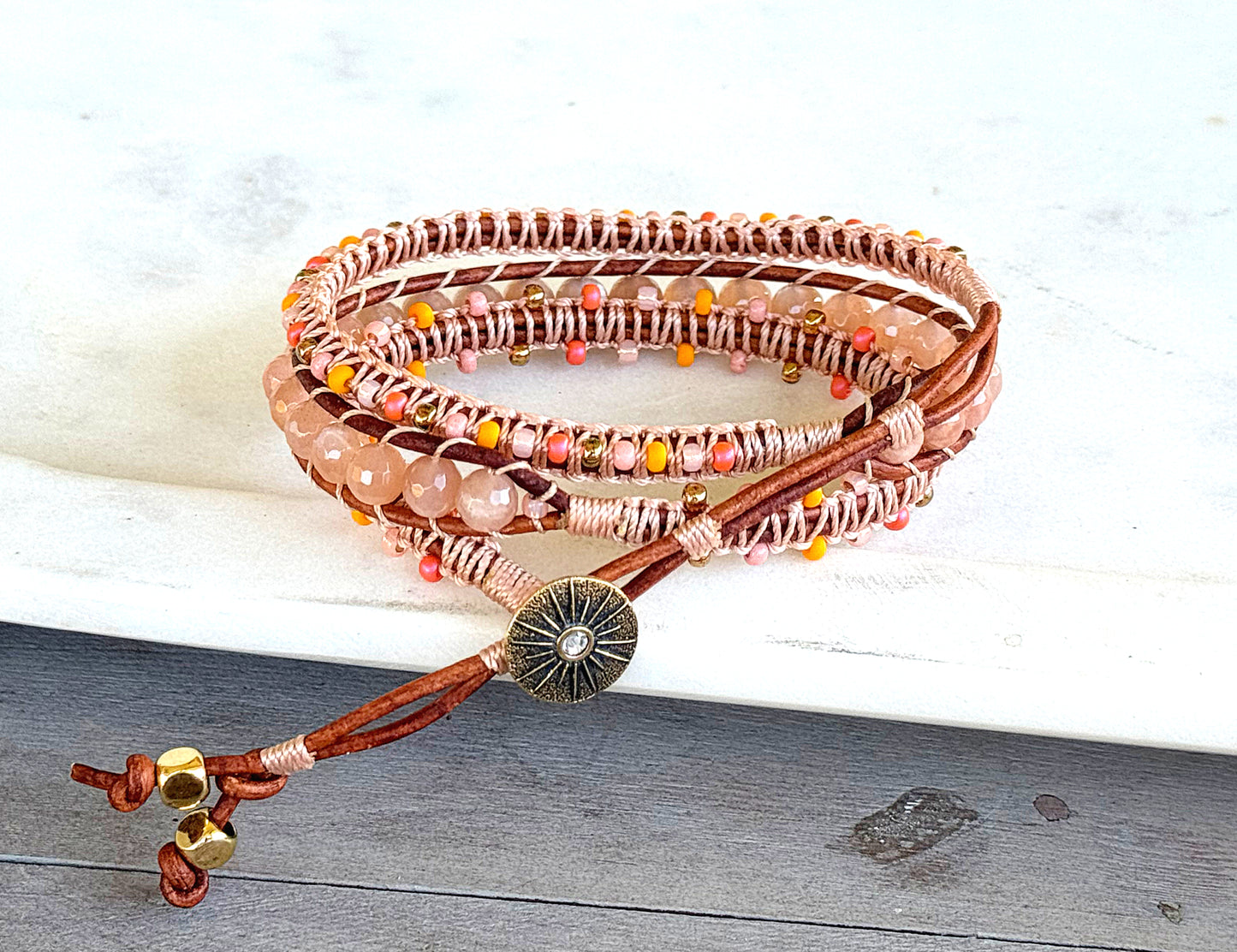 Sunshine, Peach, and Coral Sunstone and Beaded Macrame 3x Leather wrap bracelet