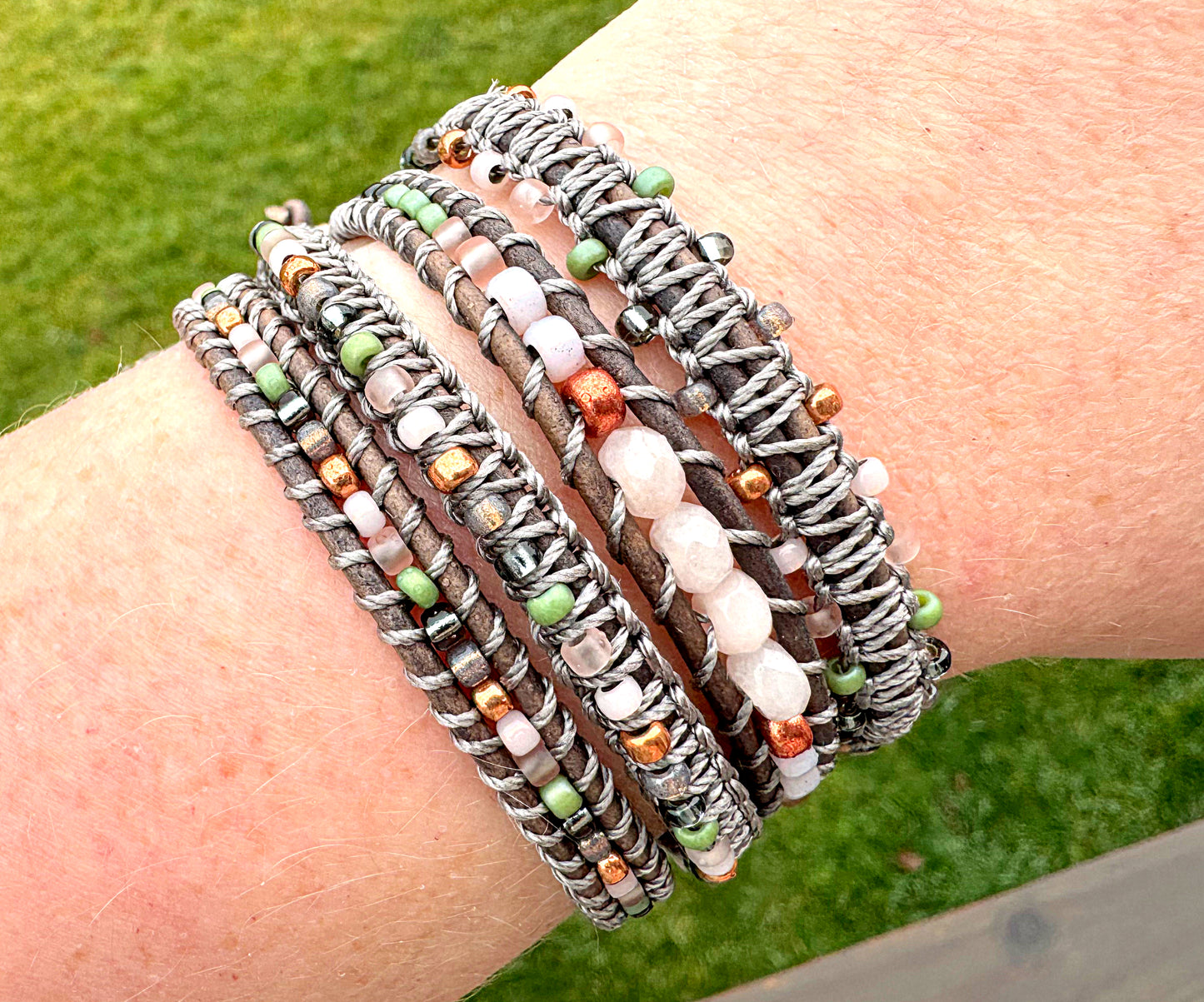 Blush, Jade, Rose Gold, and Gray Adjustable Beaded Macrame Bracelet Set