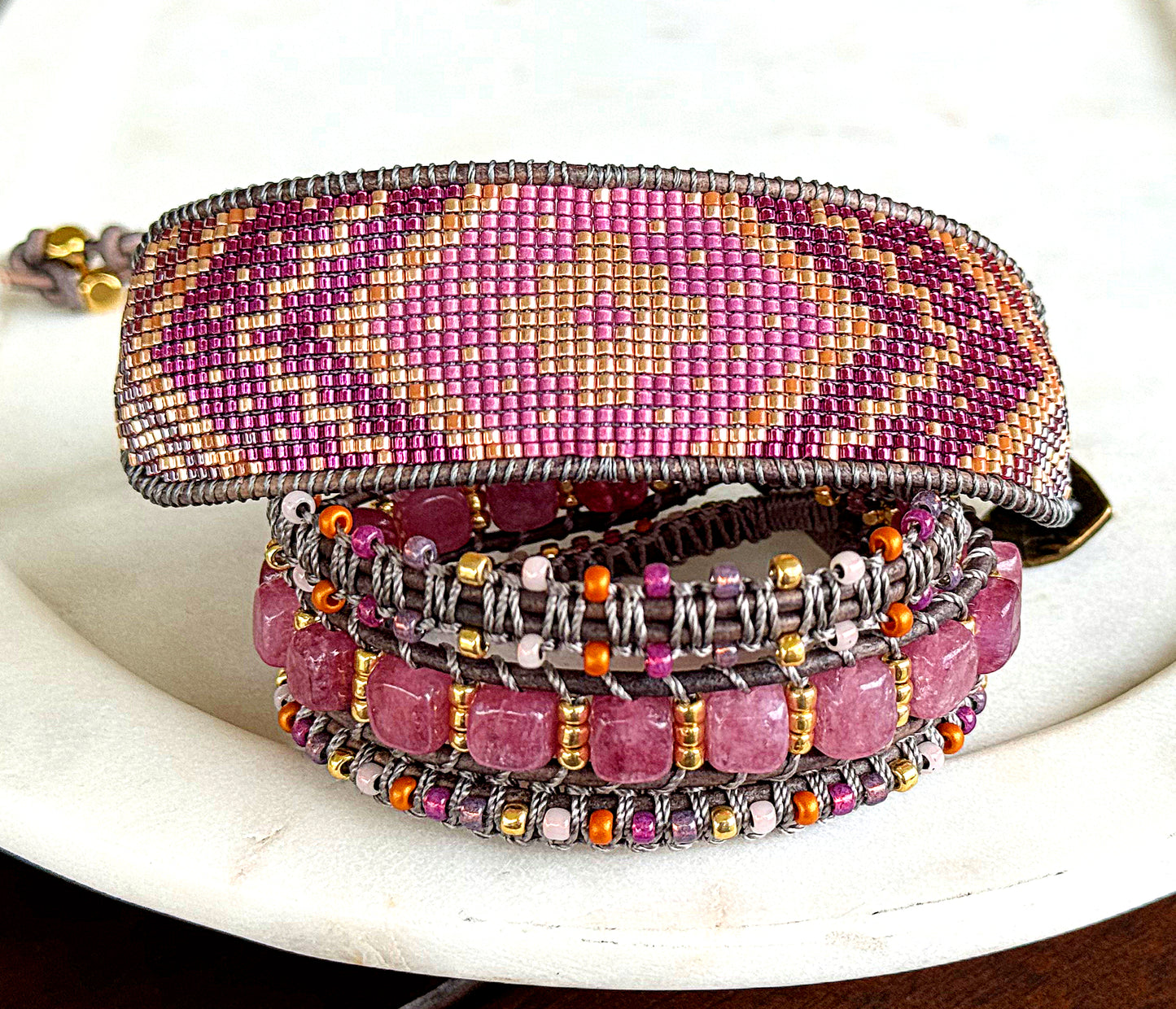 PInk Jade, purple, and gold macrame 3 wrap bracelet