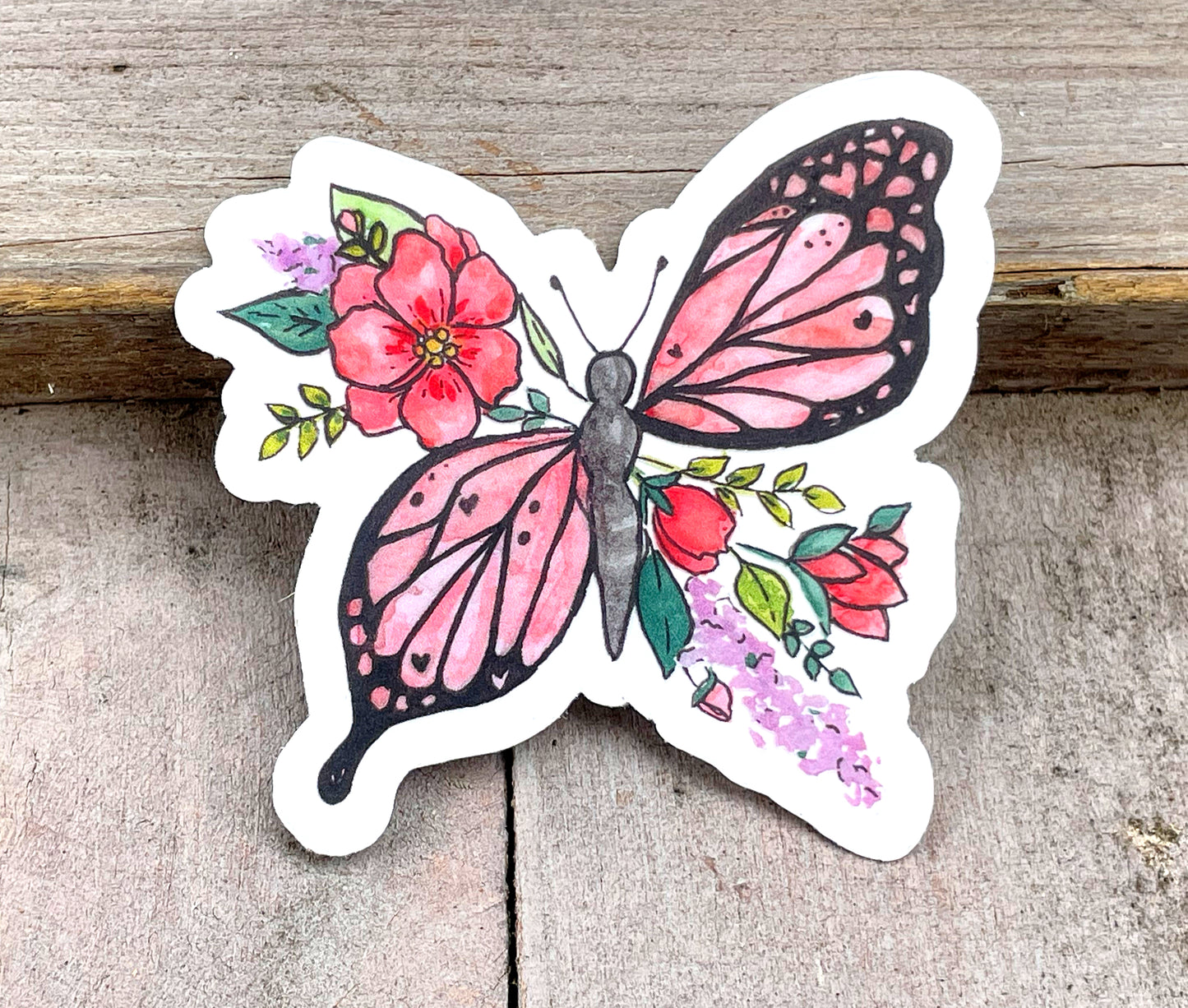 Butterfly Floral Watercolor Waterproof Vinyl Sticker butterfly sticker, bumper sticker, sticker for water bottle pink butterfly sticker