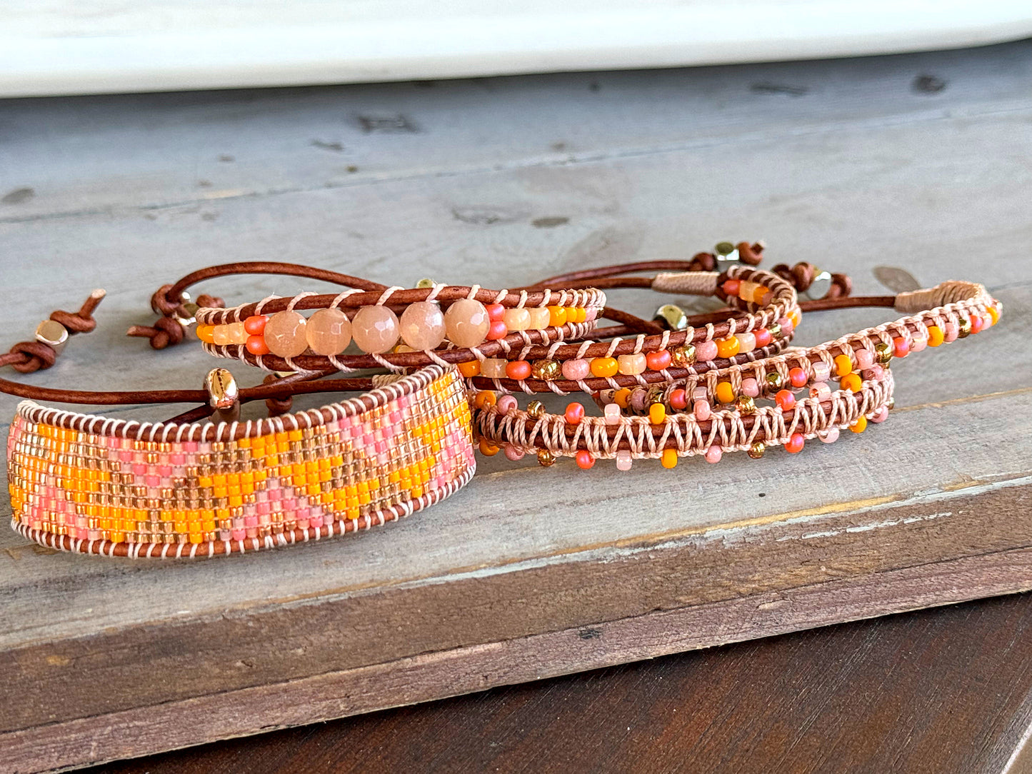 Sunshine, Peach Fuzz, and Coral Western Loom and Macrame Bracelet stack set