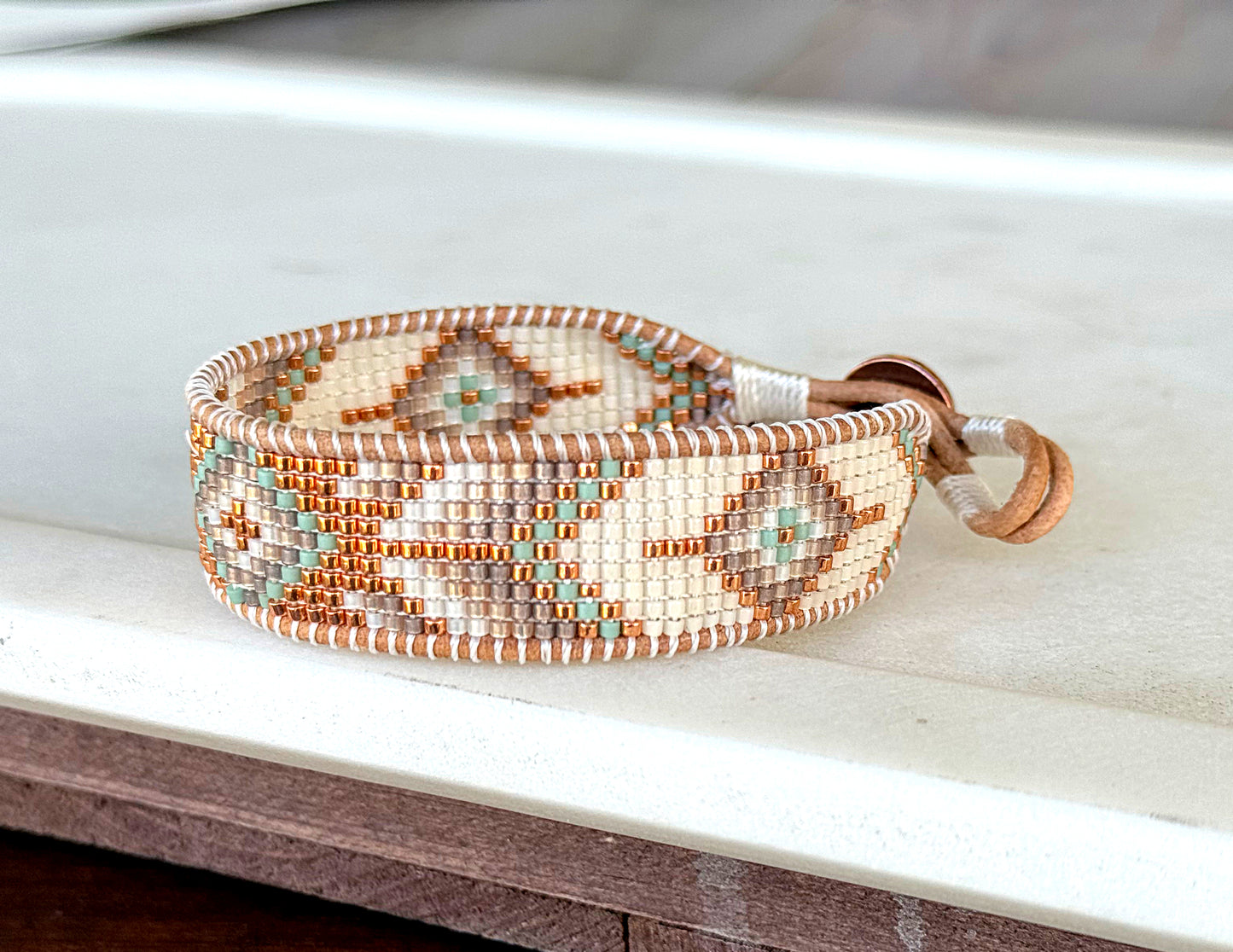 Sage, Neutral, and Copper Small Starburst Bead Loom Woven Bracelet