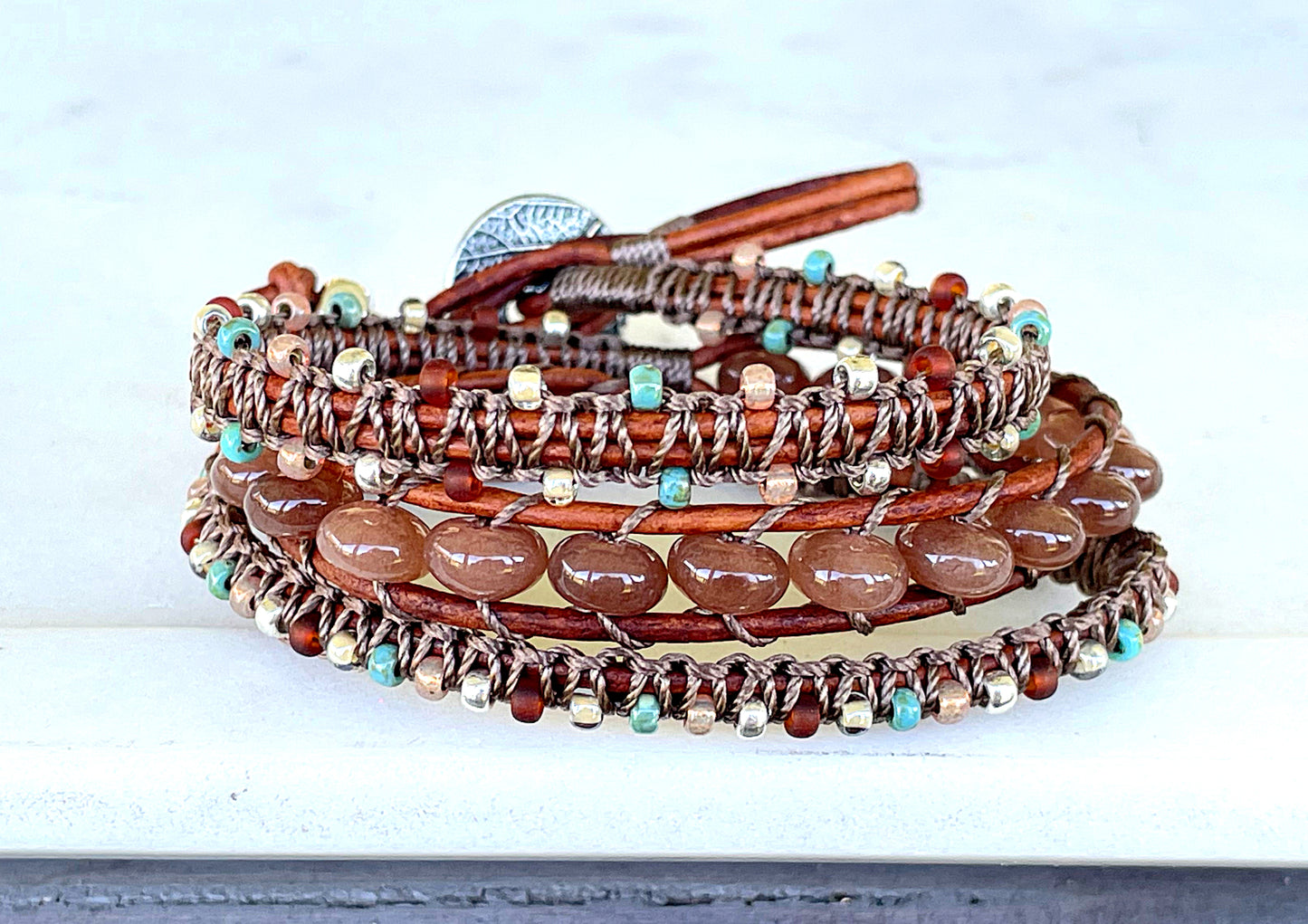 Smoky Quartz Tan, turquoise and silver macrame 3 wrap bracelet