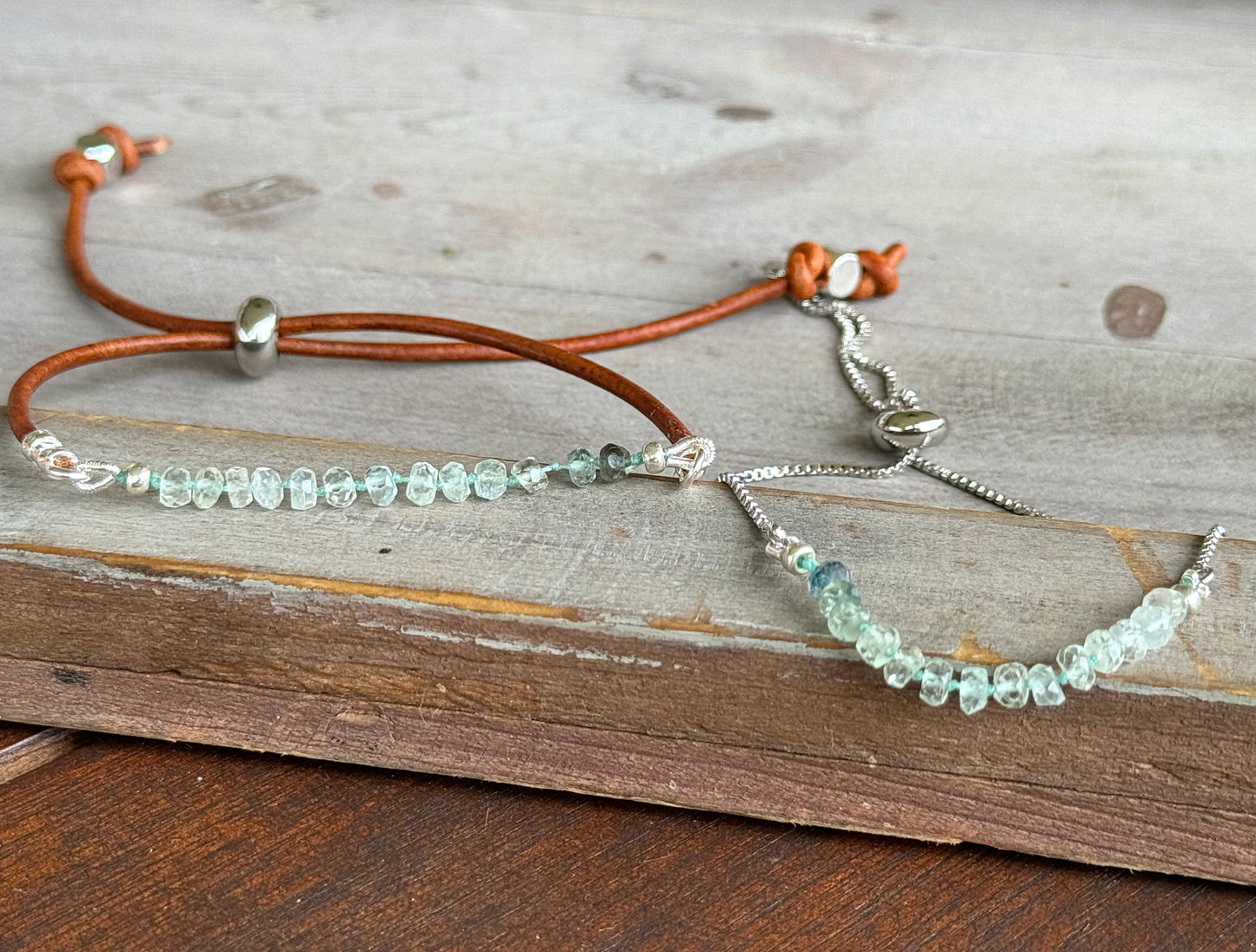 Aquamarine and slide adjustable chain or leather stack bracelet