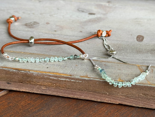 Aquamarine and slide adjustable chain or leather stack bracelet