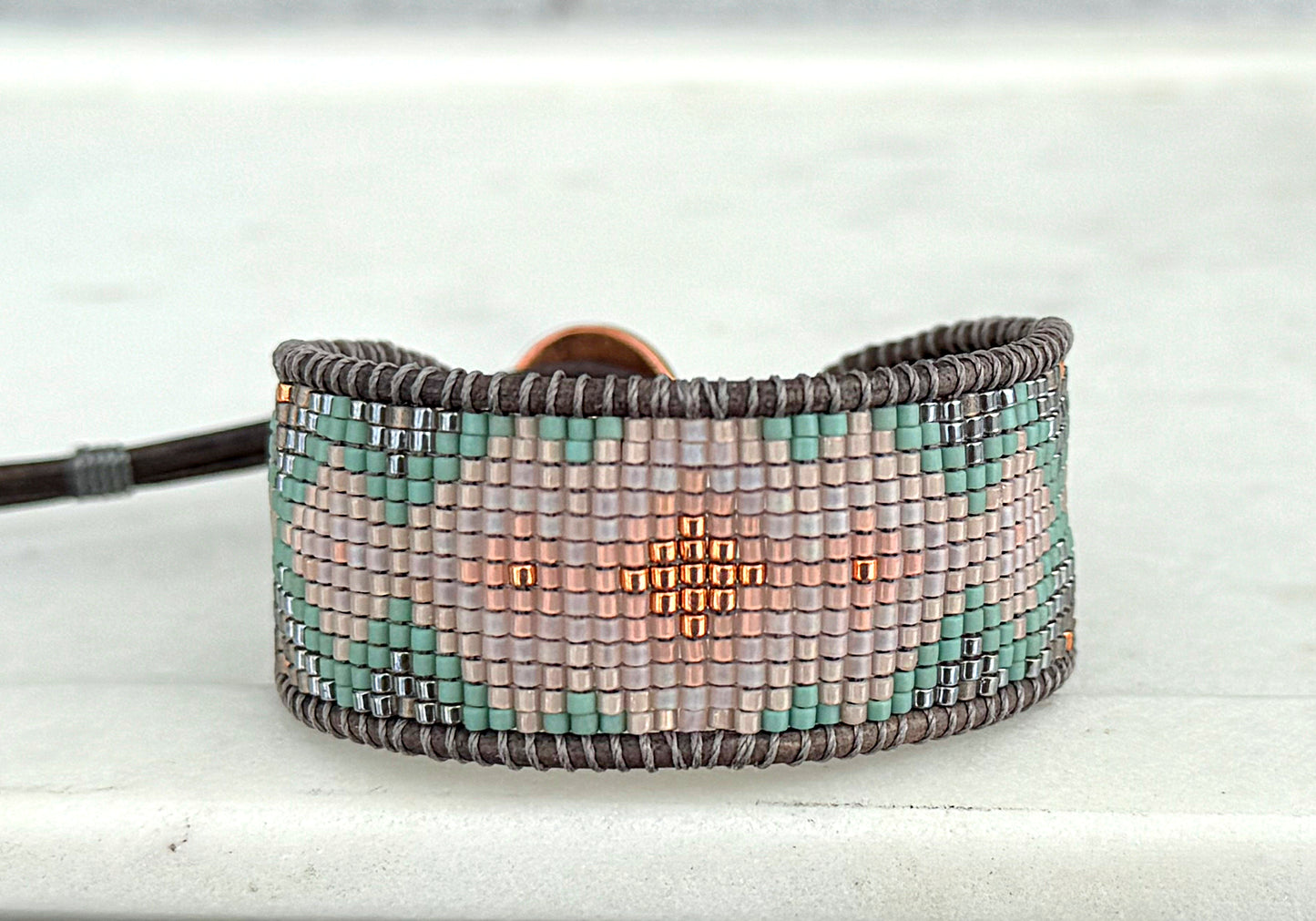 Blush, Sage, Gray, and Rose gold western expanded Diamond Bead Loom Woven Bracelet