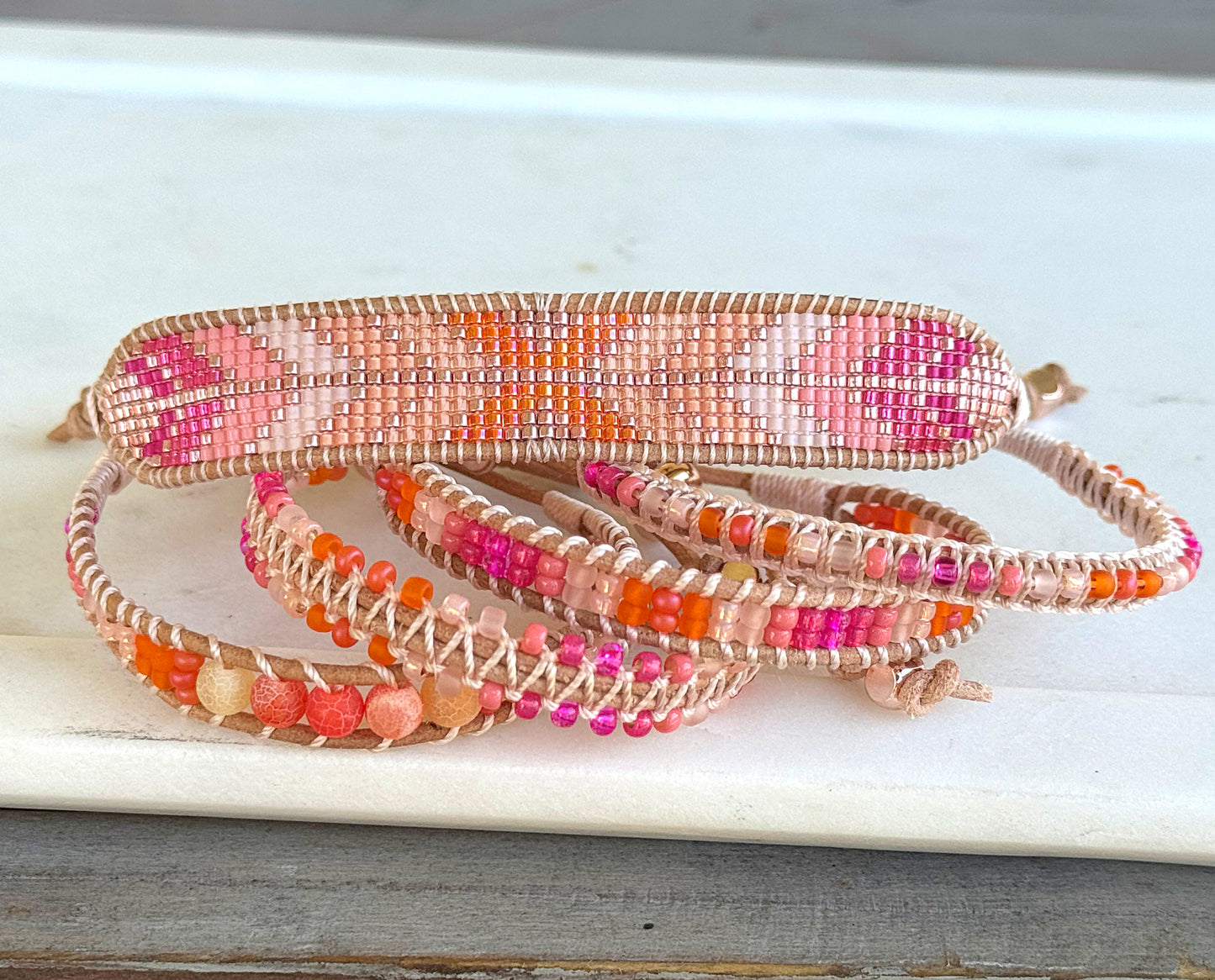 Hot Pink and Orange Geometric Arrow Loom and Macrame Bracelet stack set