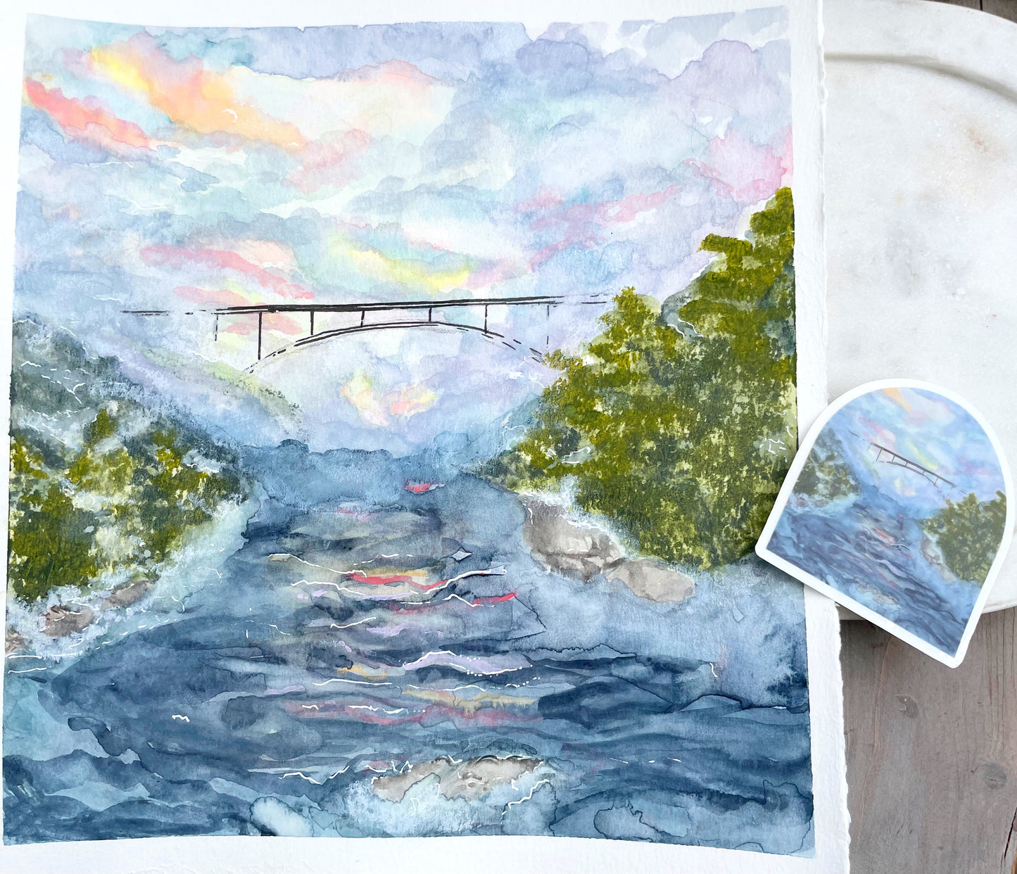 Artwork Watercolor Fog at New River Gorge Bridge WV Vinyl waterproof sticker decal
