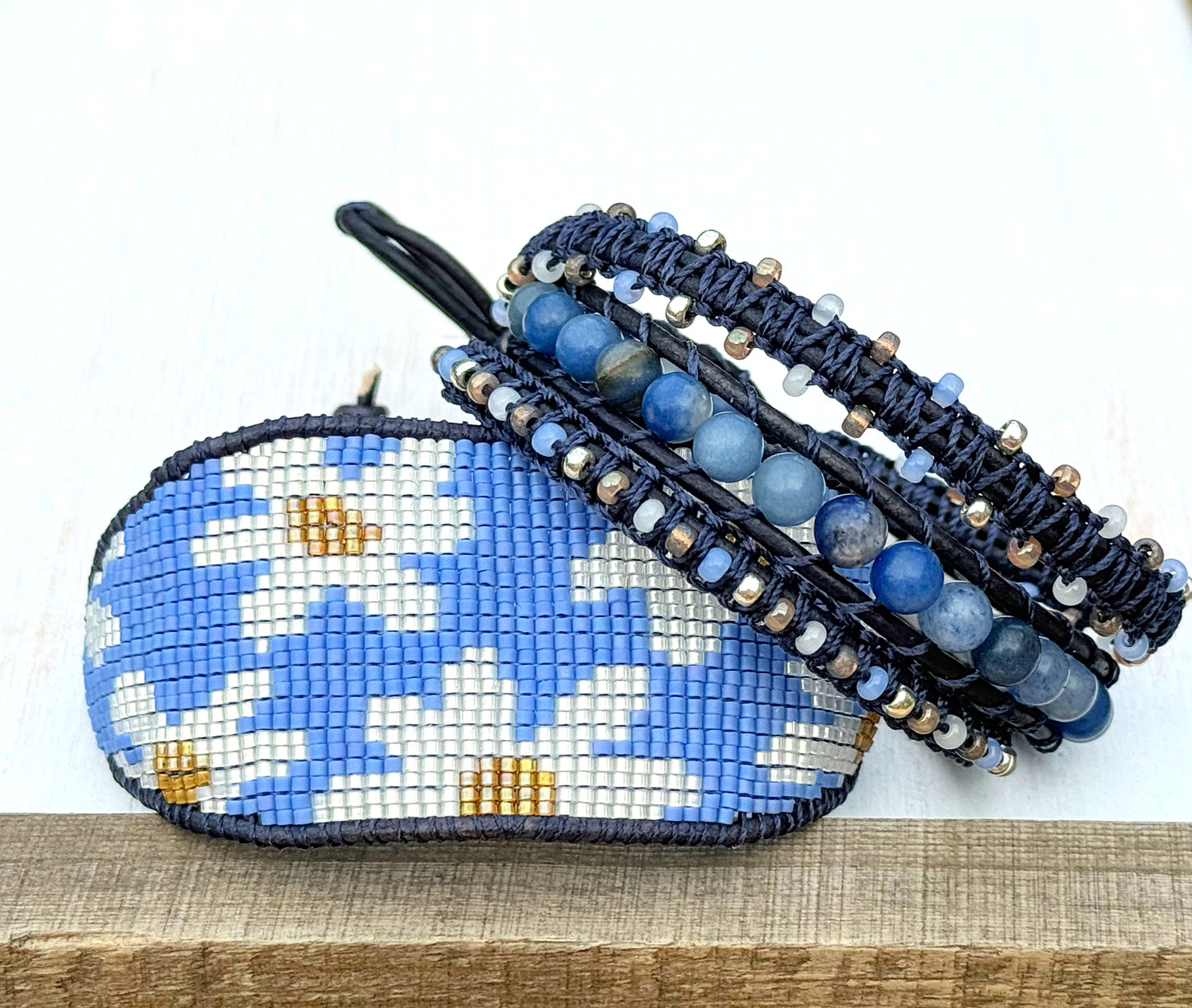 Blue and white boho flower bead loom woven bracelet with slide adjustment