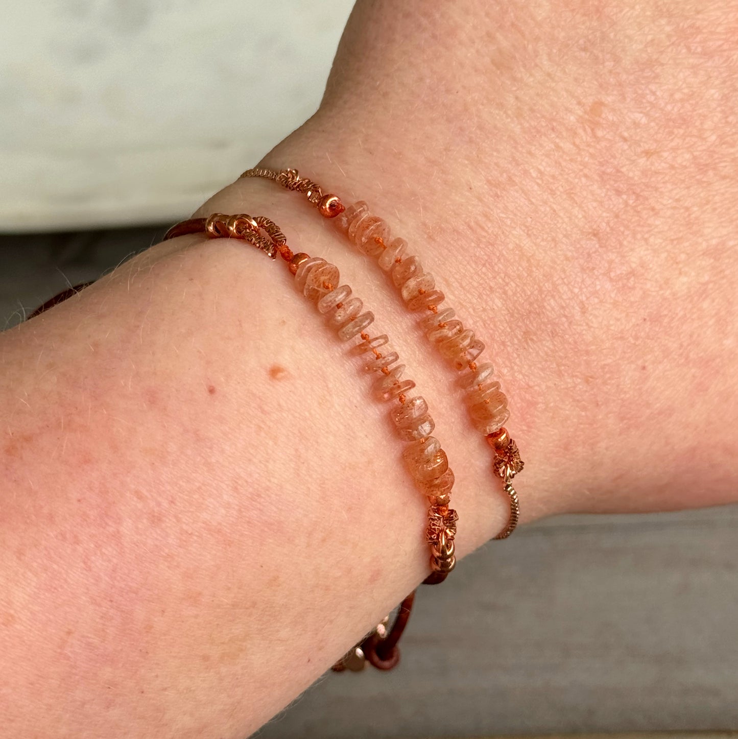 Sunstone and slide adjustable chain or leather stack bracelet