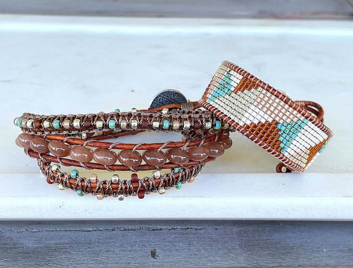 Abstract Earthy Tan Turquoise and Silver Geometric Bead Loom Woven Bracelet