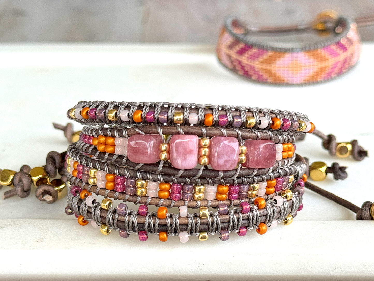 Peony Pink, Purple, and Gold Slide Adjustable Beaded Macrame Bracelet Set