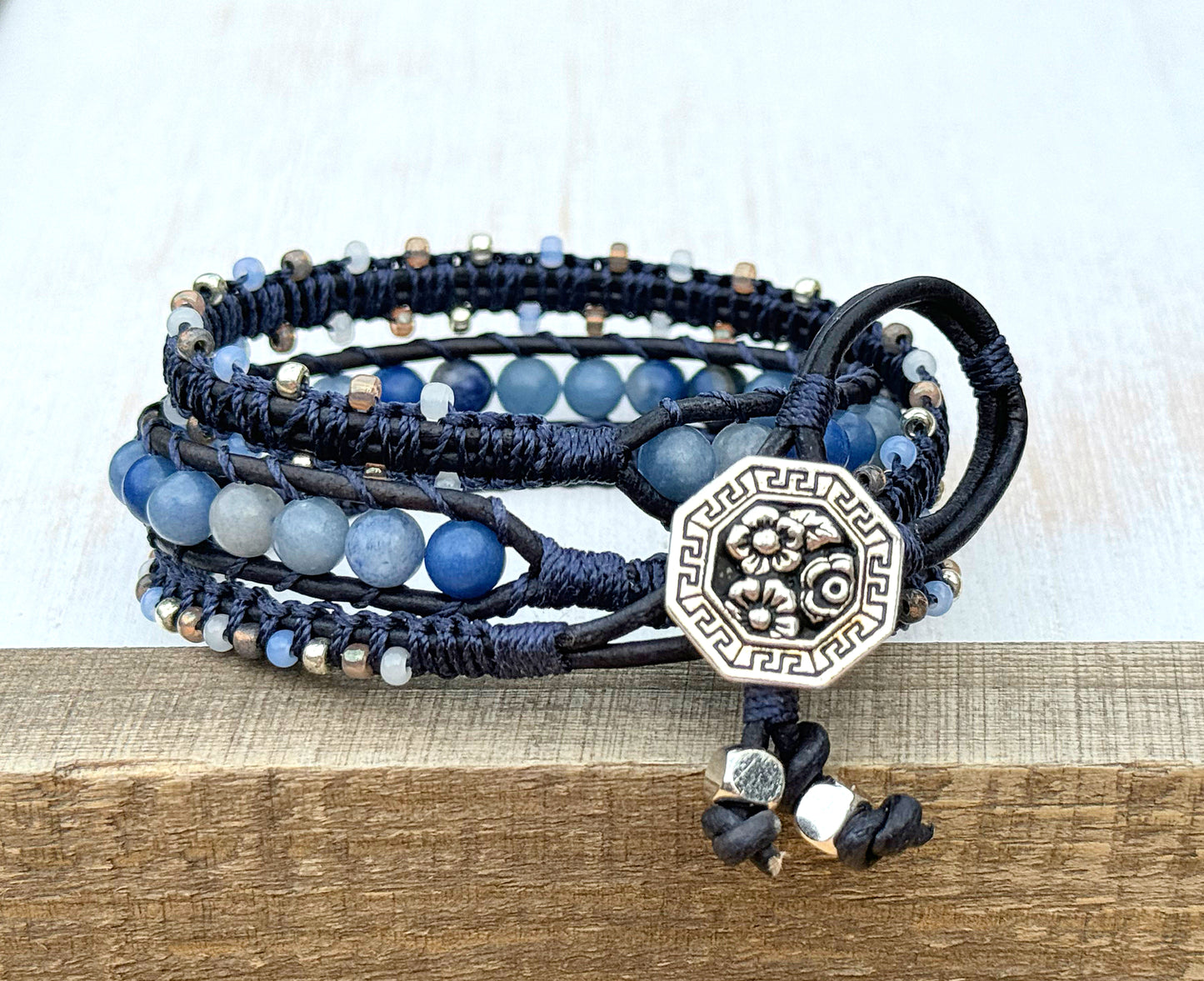 Blue Adventurine, White, Tan, Gray, and Silver Beaded Macrame Wrap bracelet