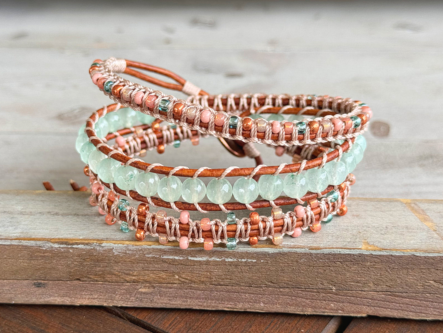 Sea glass Jade and Blush Rose Macrame Wrap bracelet