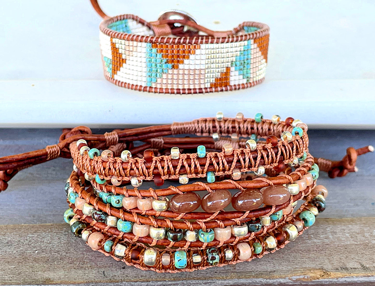 Abstract Earthy Tan Turquoise and Silver Geometric Bead Loom Woven Bracelet