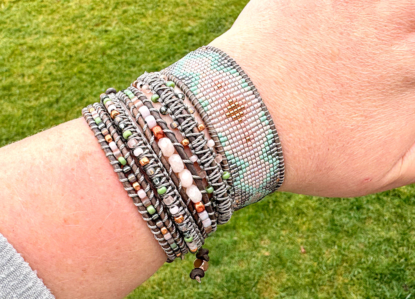 Blush, Jade, Rose Gold, and Gray Adjustable Beaded Macrame Bracelet Set