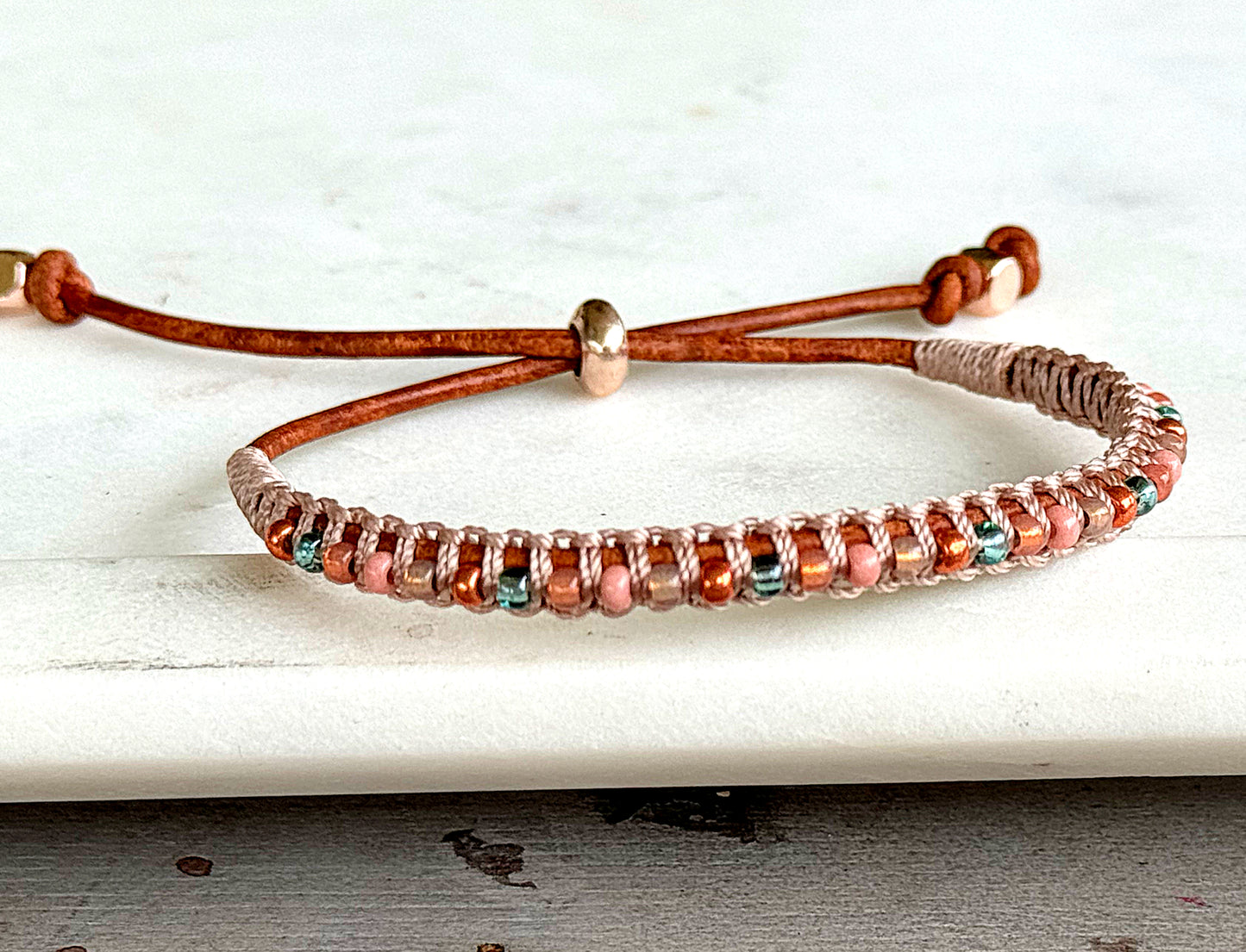 Sea Glass Jade Blush Rose and glass bead Adjustable Leather Bracelet