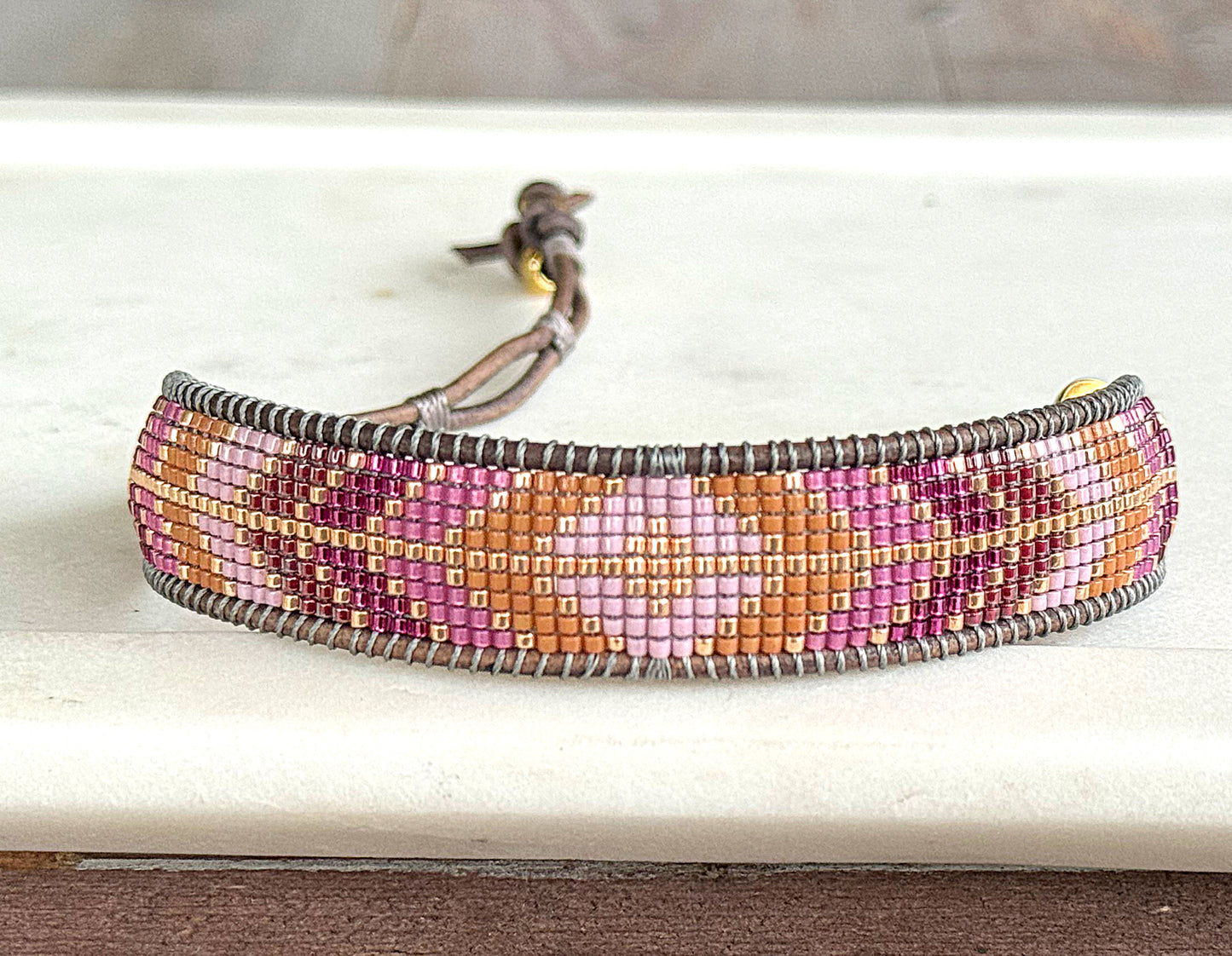 Purple and Peony Geometric Diamond Arrow Loom Beaded Leather friendship bracelet