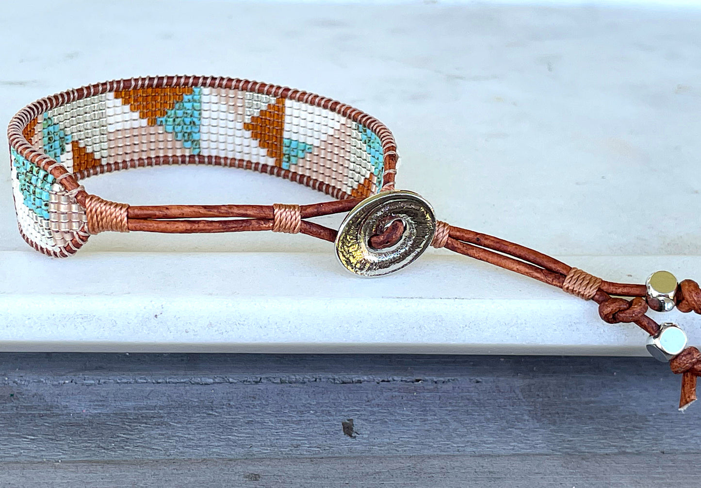 Abstract Earthy Tan Turquoise and Silver Geometric Bead Loom Woven Bracelet