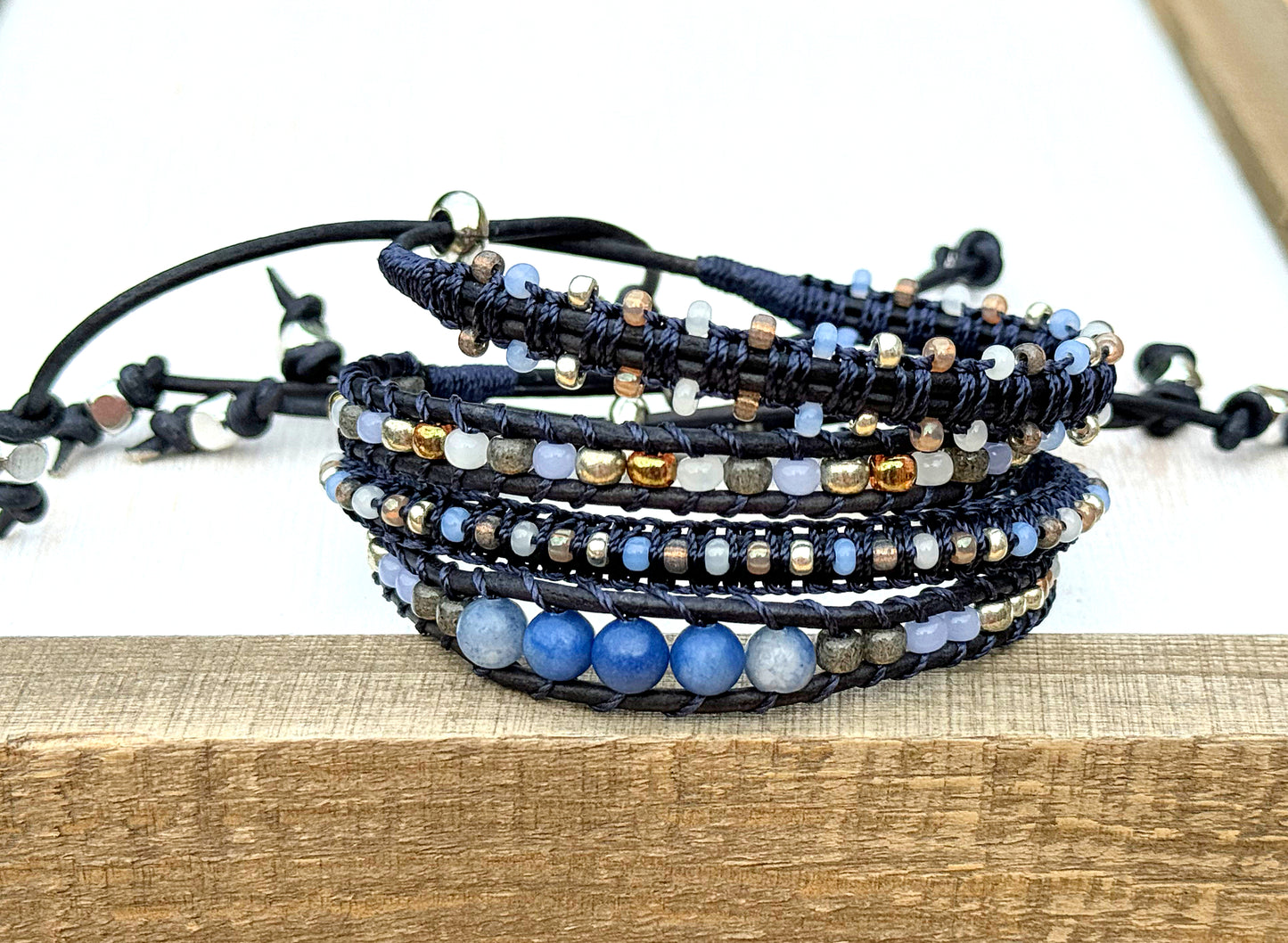 Blue Daisy Bead Loom and Macrame Bracelet stack set